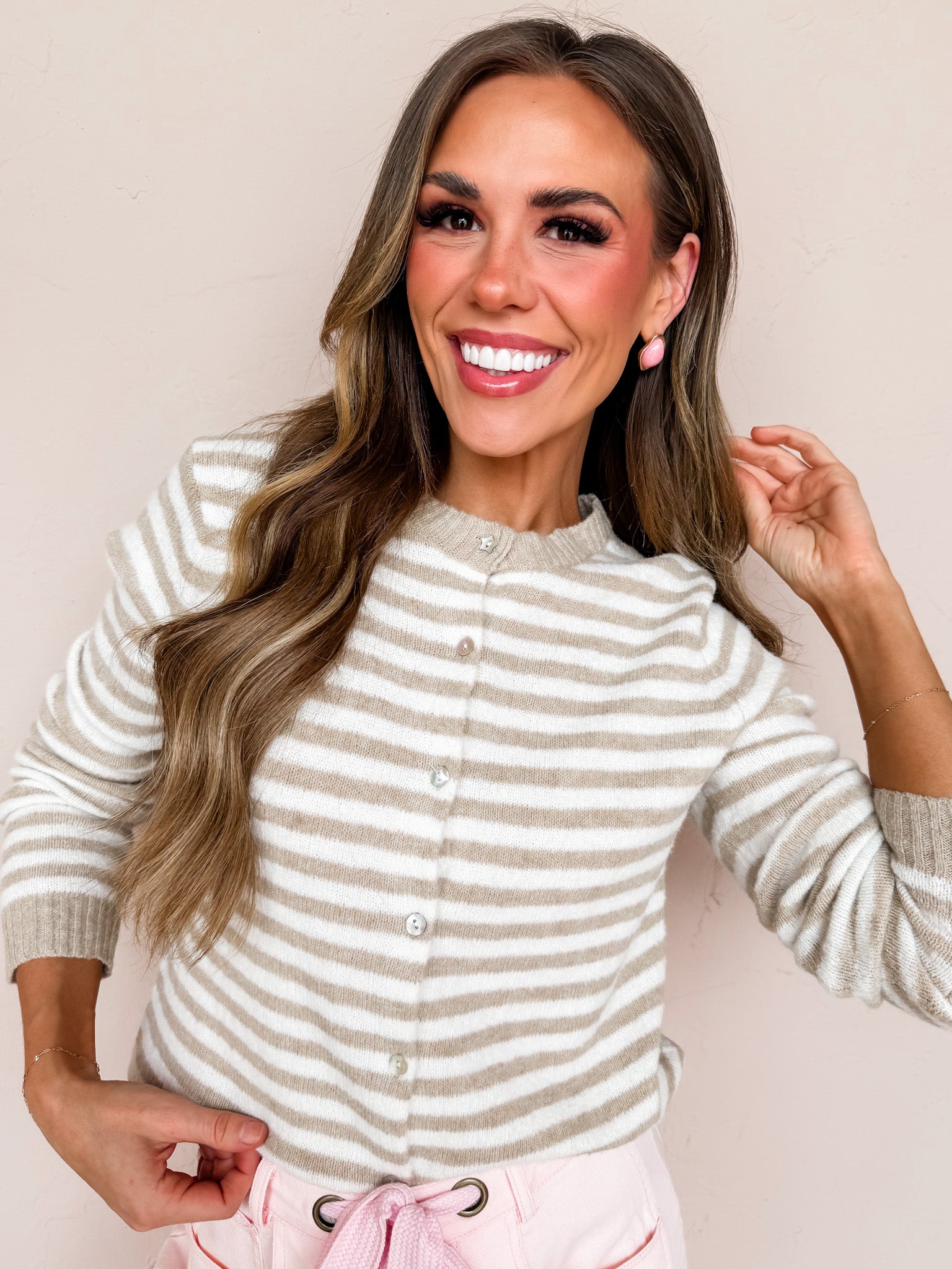 Kendall Striped Button Front Cardigan-Tan