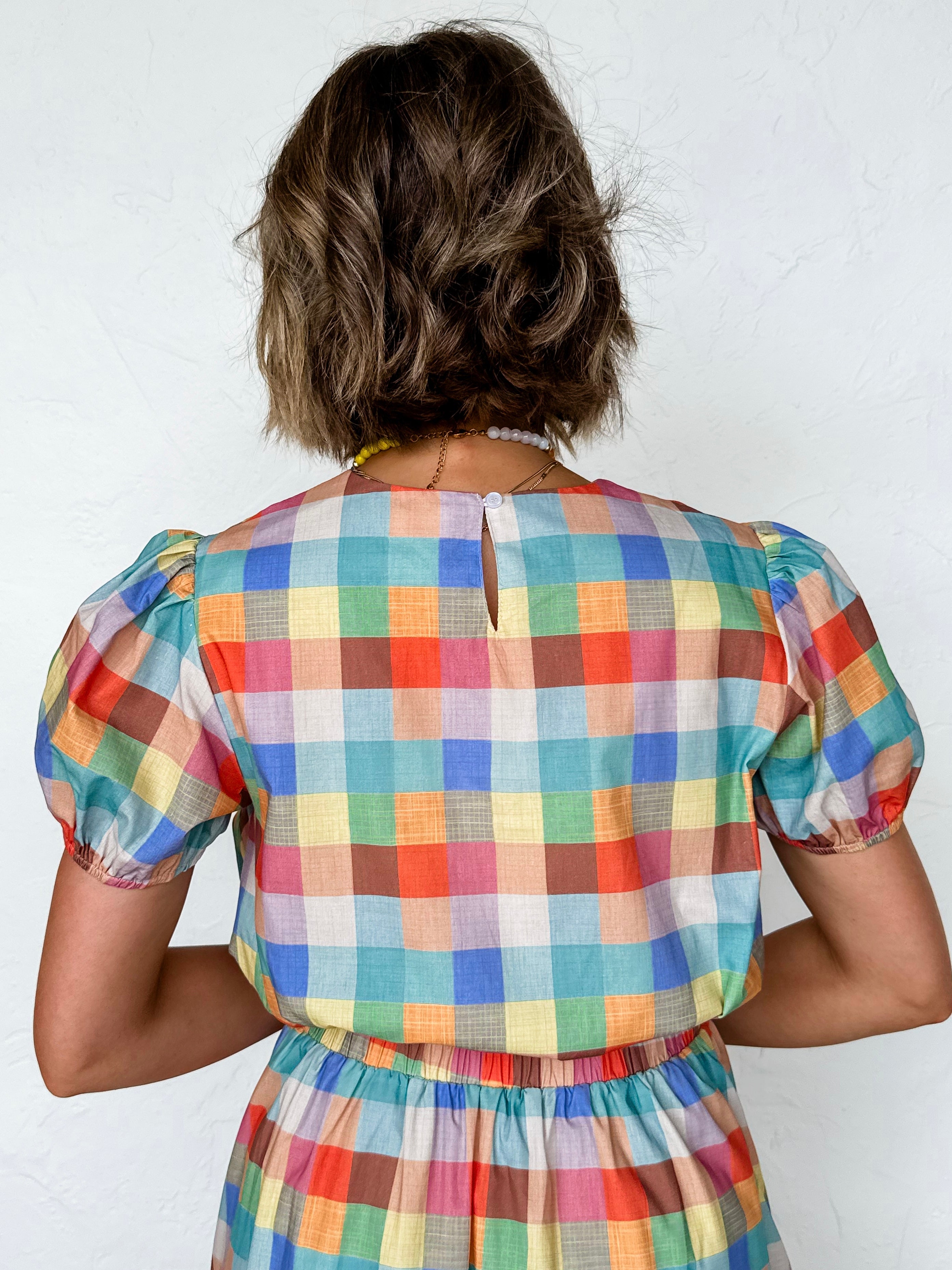 Kendra Plaid Puff Sleeve Crop Top