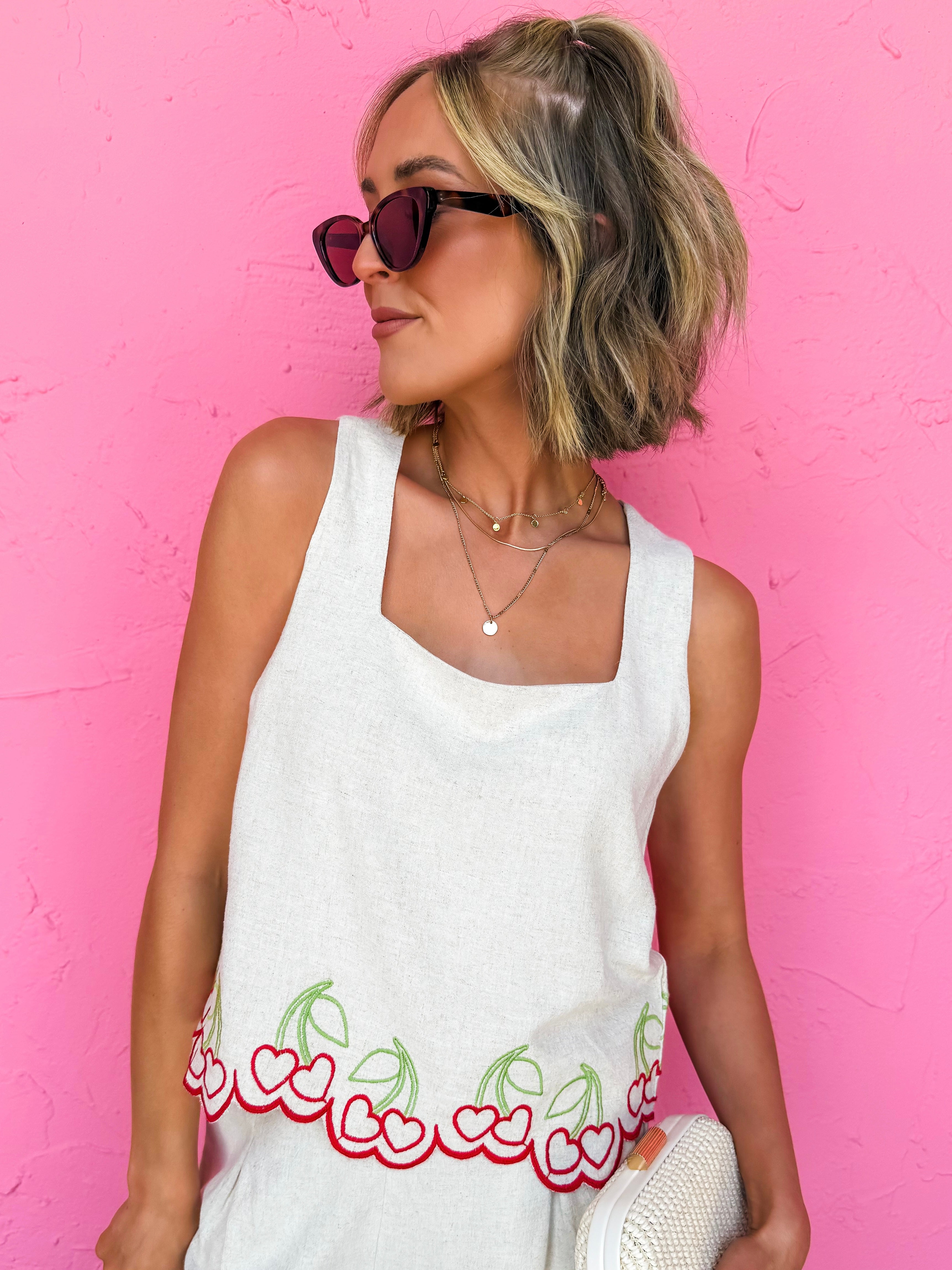 Kenzie Cherry Embroidered Square Neck Top