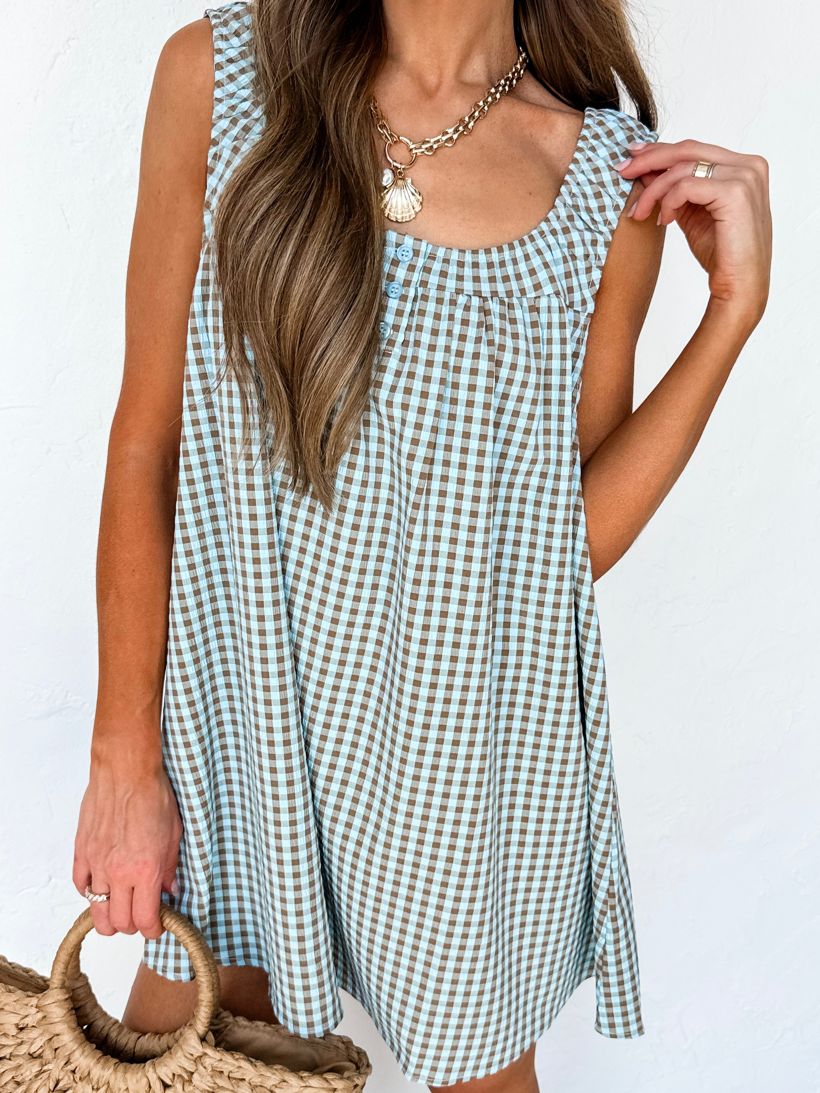Kim Sleeveless Mini Dress-Blue/Brown