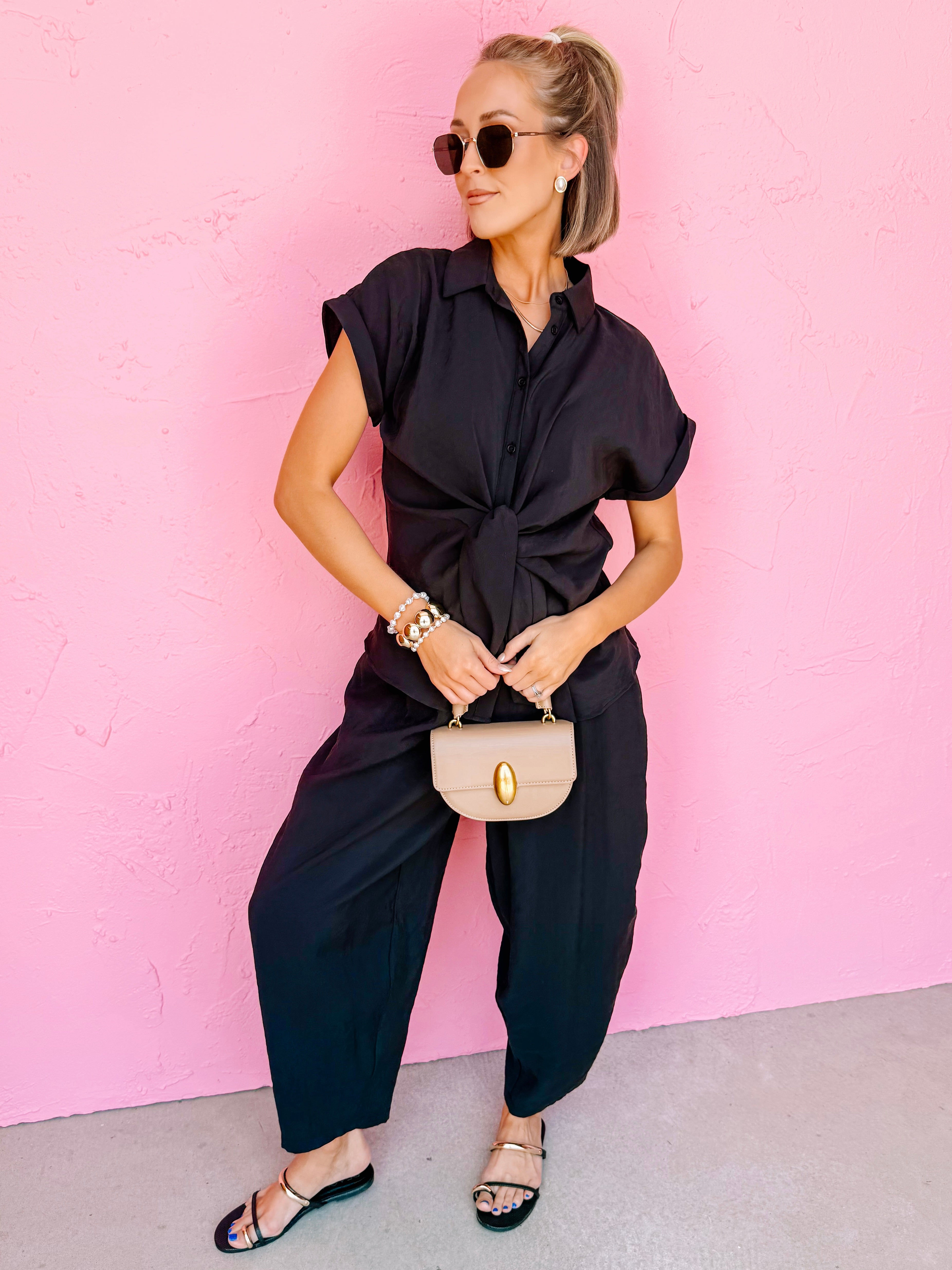 Kira Tie Button Front Top-Black