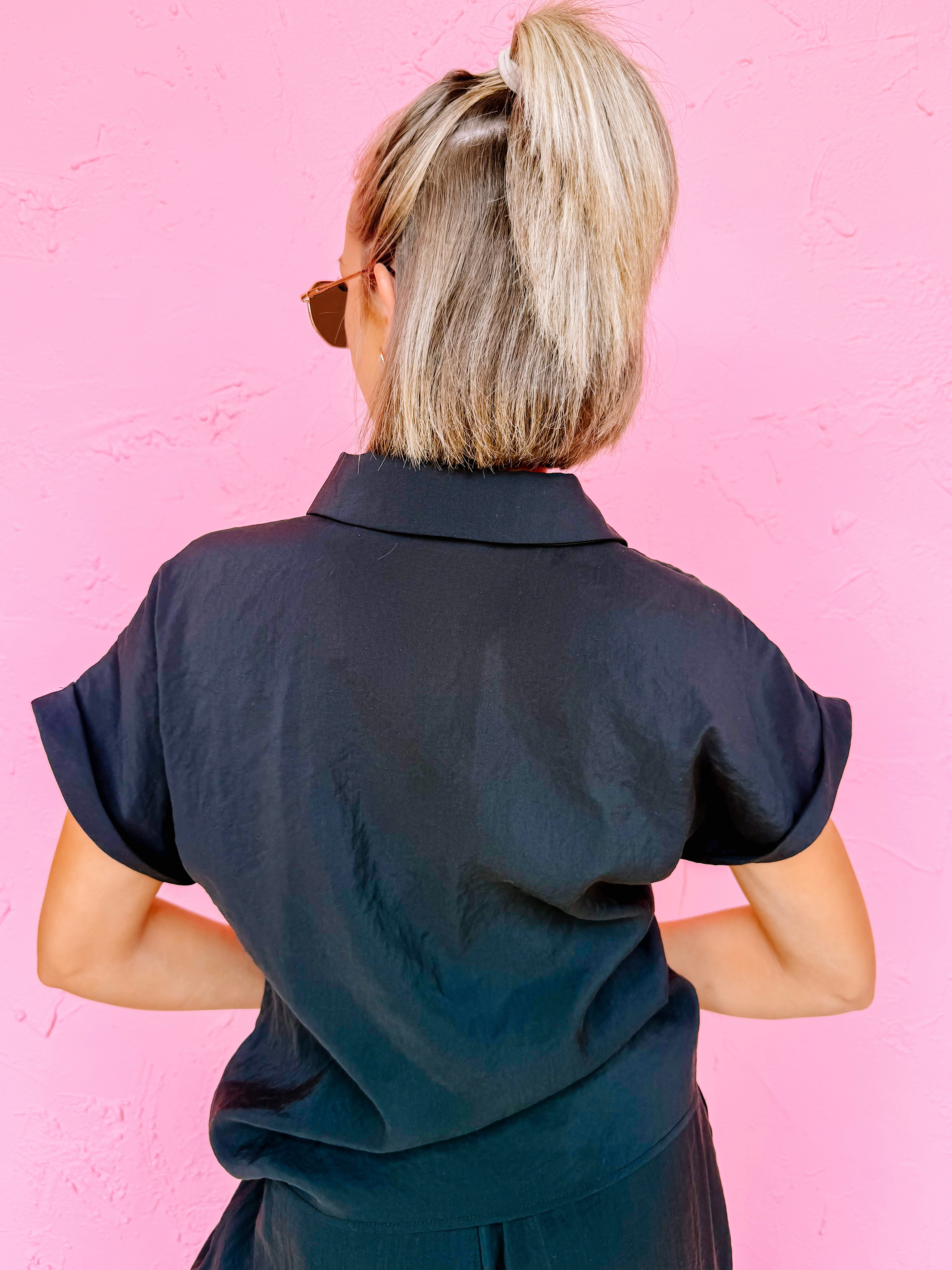 Kira Tie Button Front Top-Black