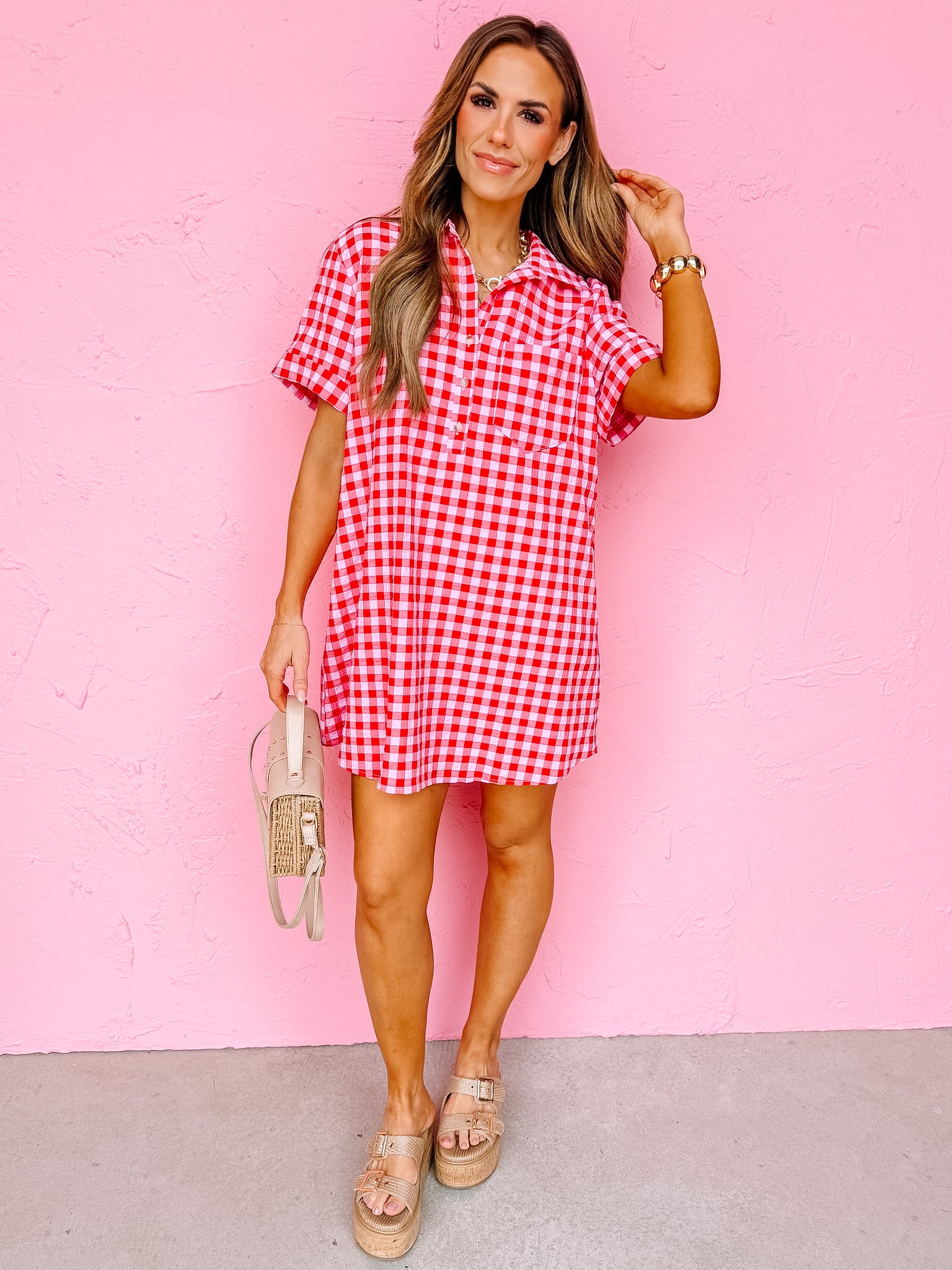 Korenna Gingham Shirt Dress-Red