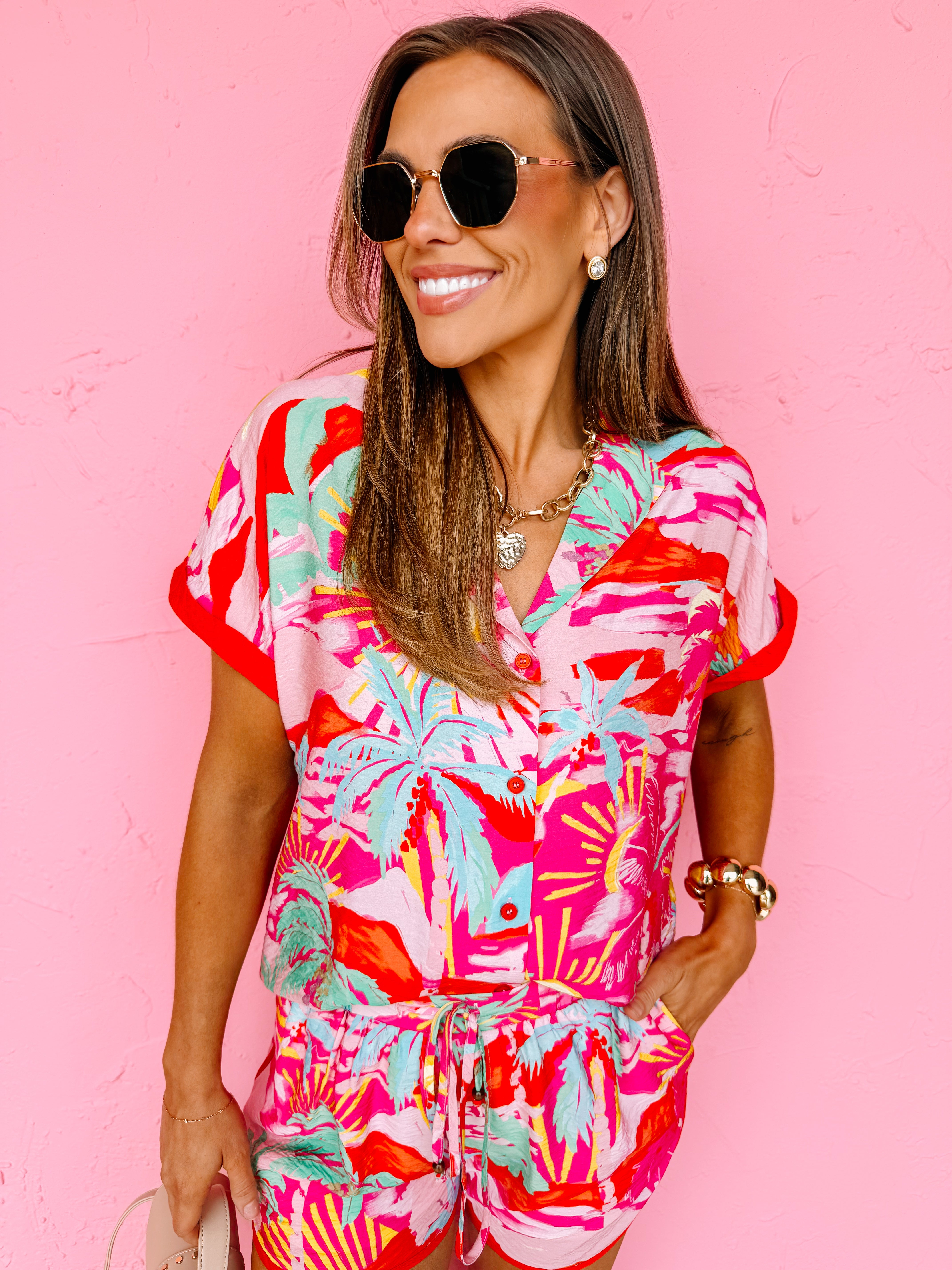 Korey Tropical Print Button Front Top
