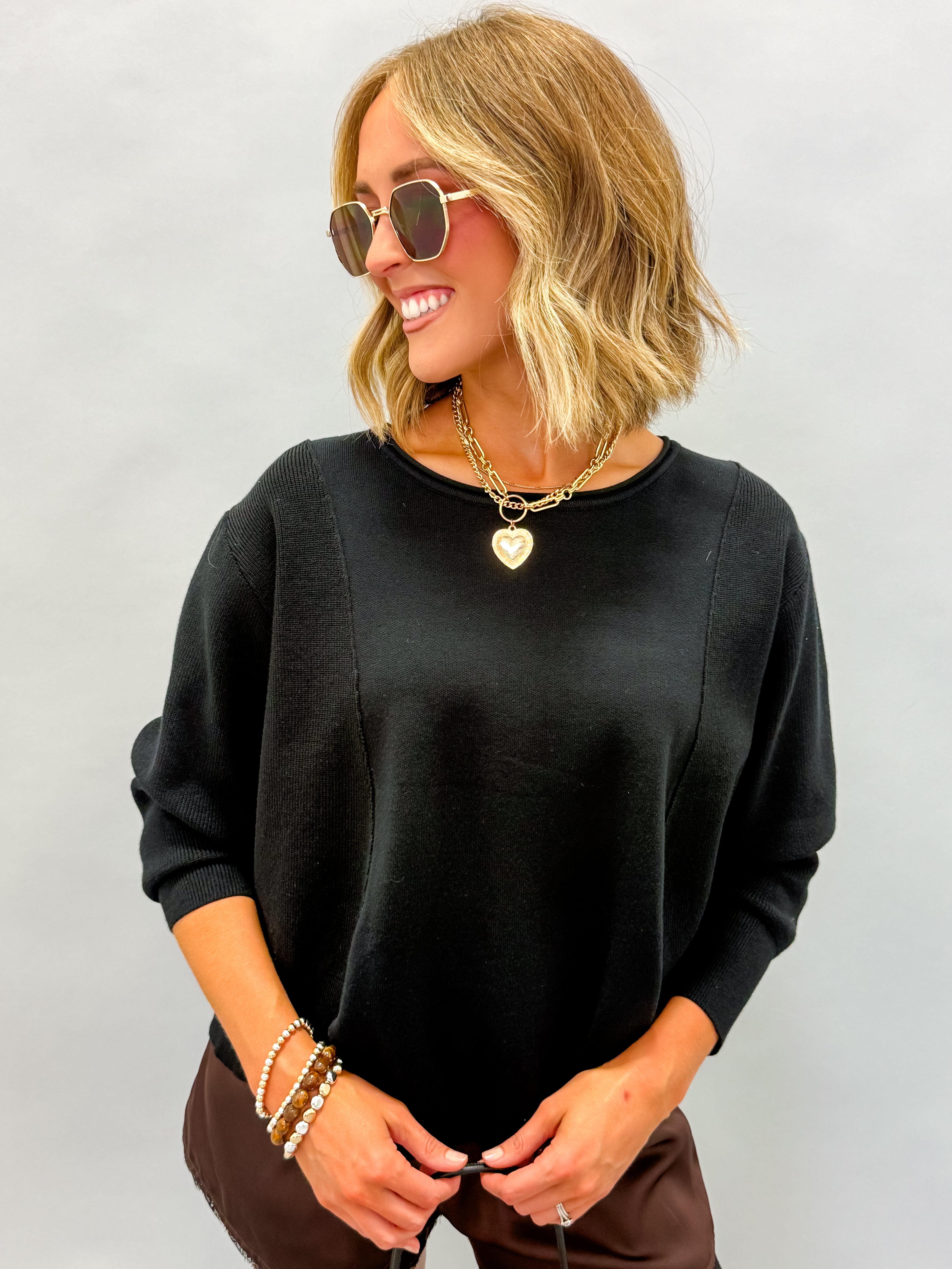 Kota Boat Neck Paneled Sweater-Black
