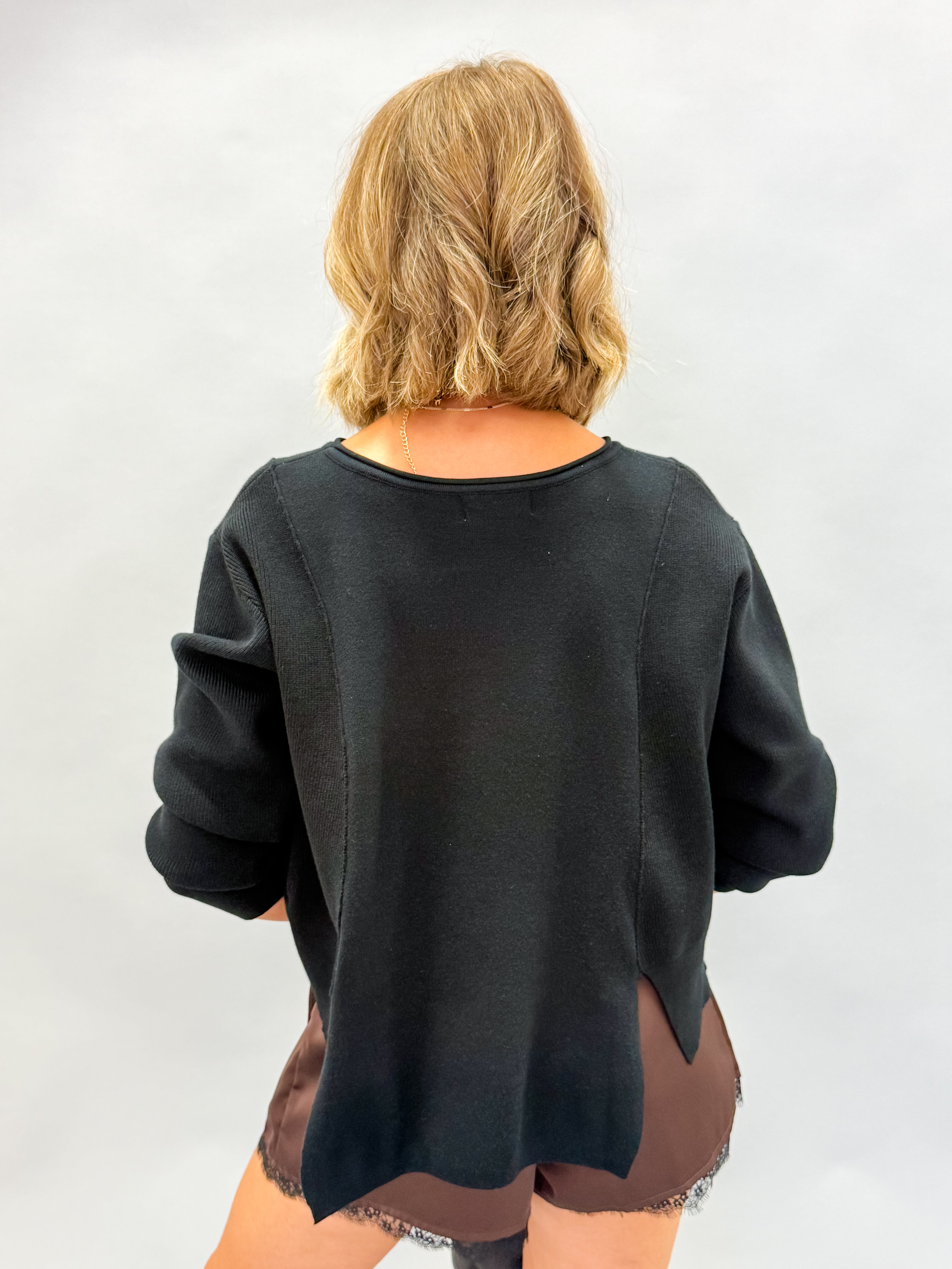Kota Boat Neck Paneled Sweater-Black