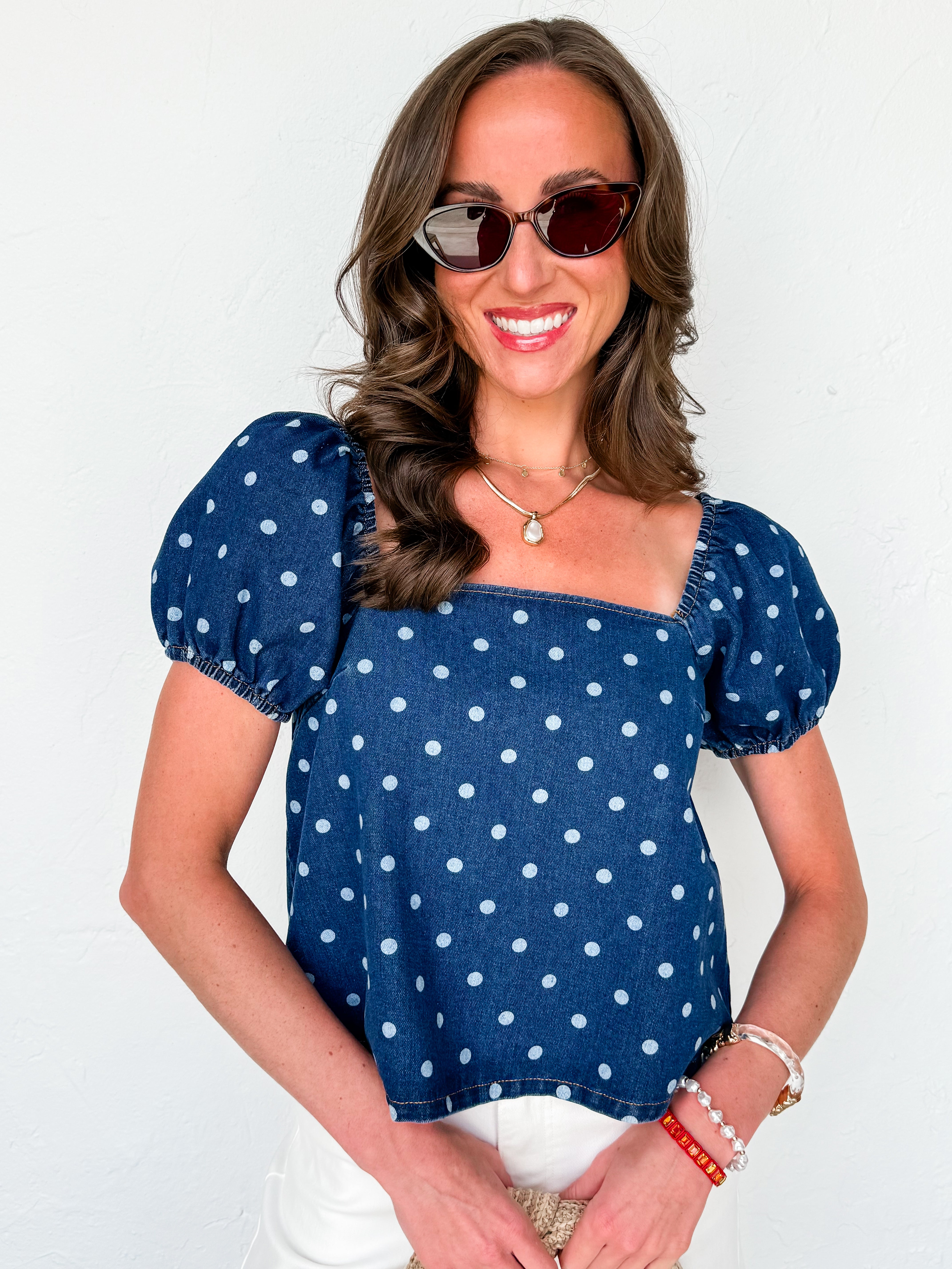 Kristy Puff Sleeve Denim Polka Dot Top