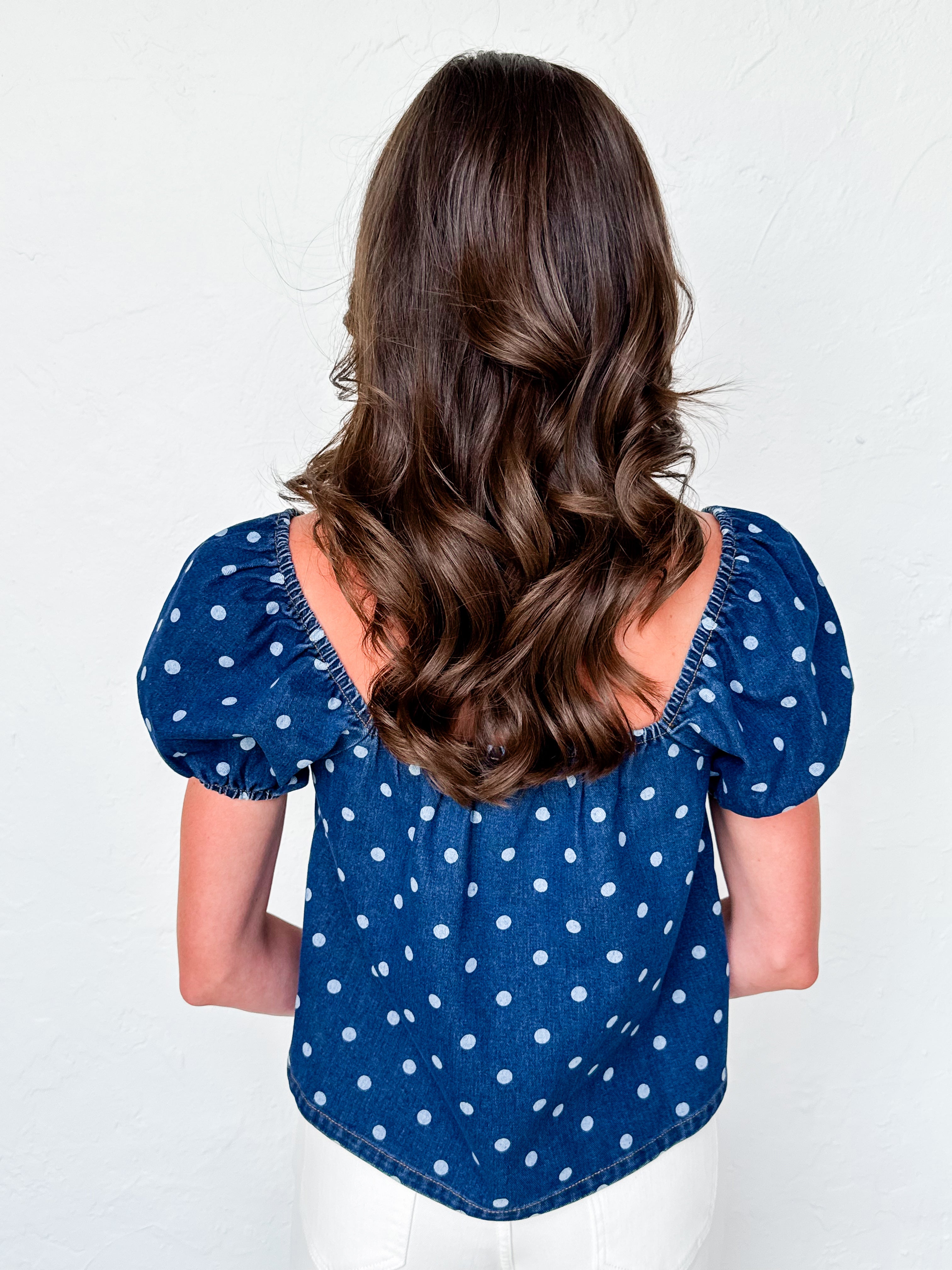 Kristy Puff Sleeve Denim Polka Dot Top