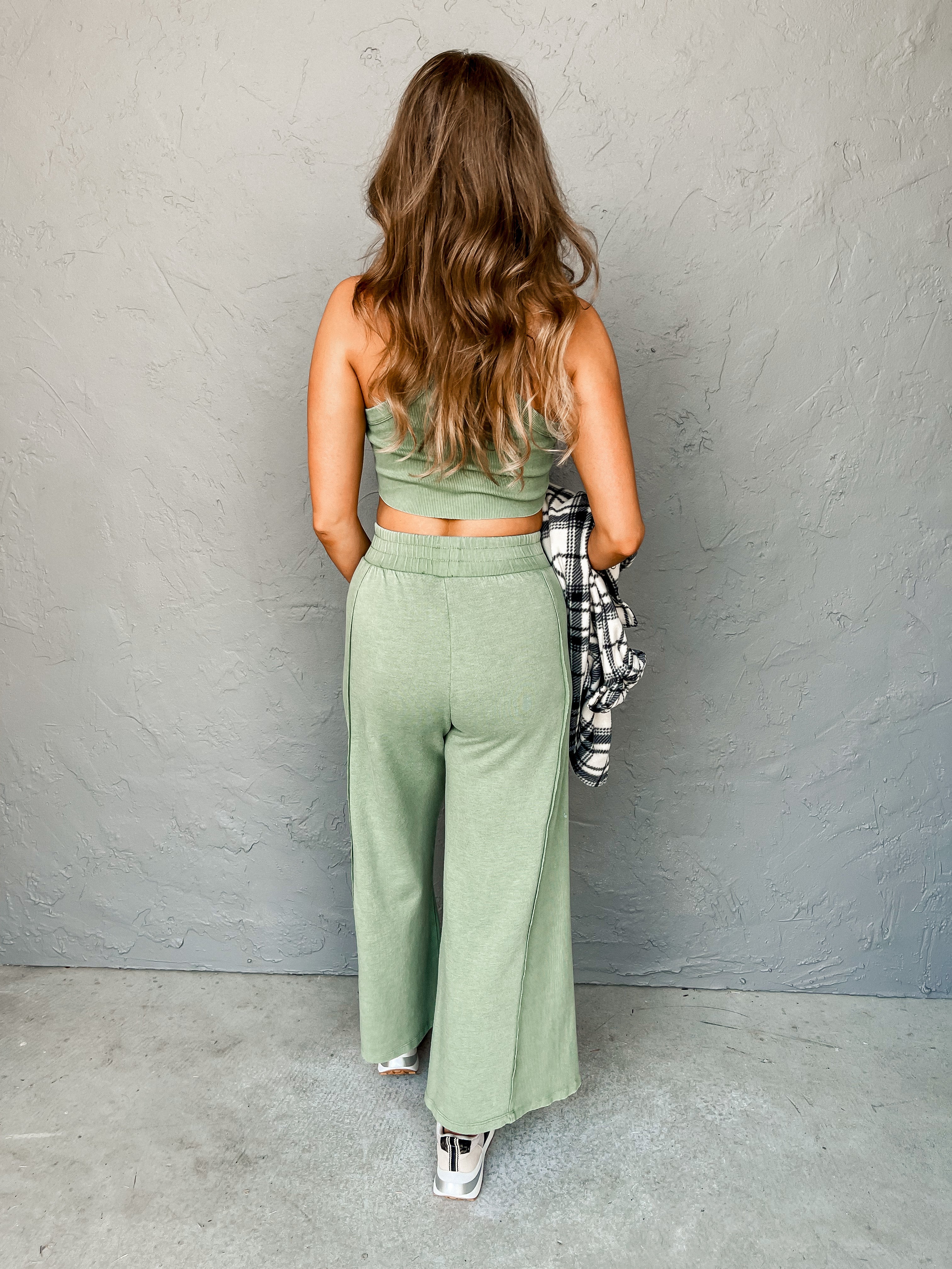 Laid Back Crop Top and Wide Leg Pant Set-Olive