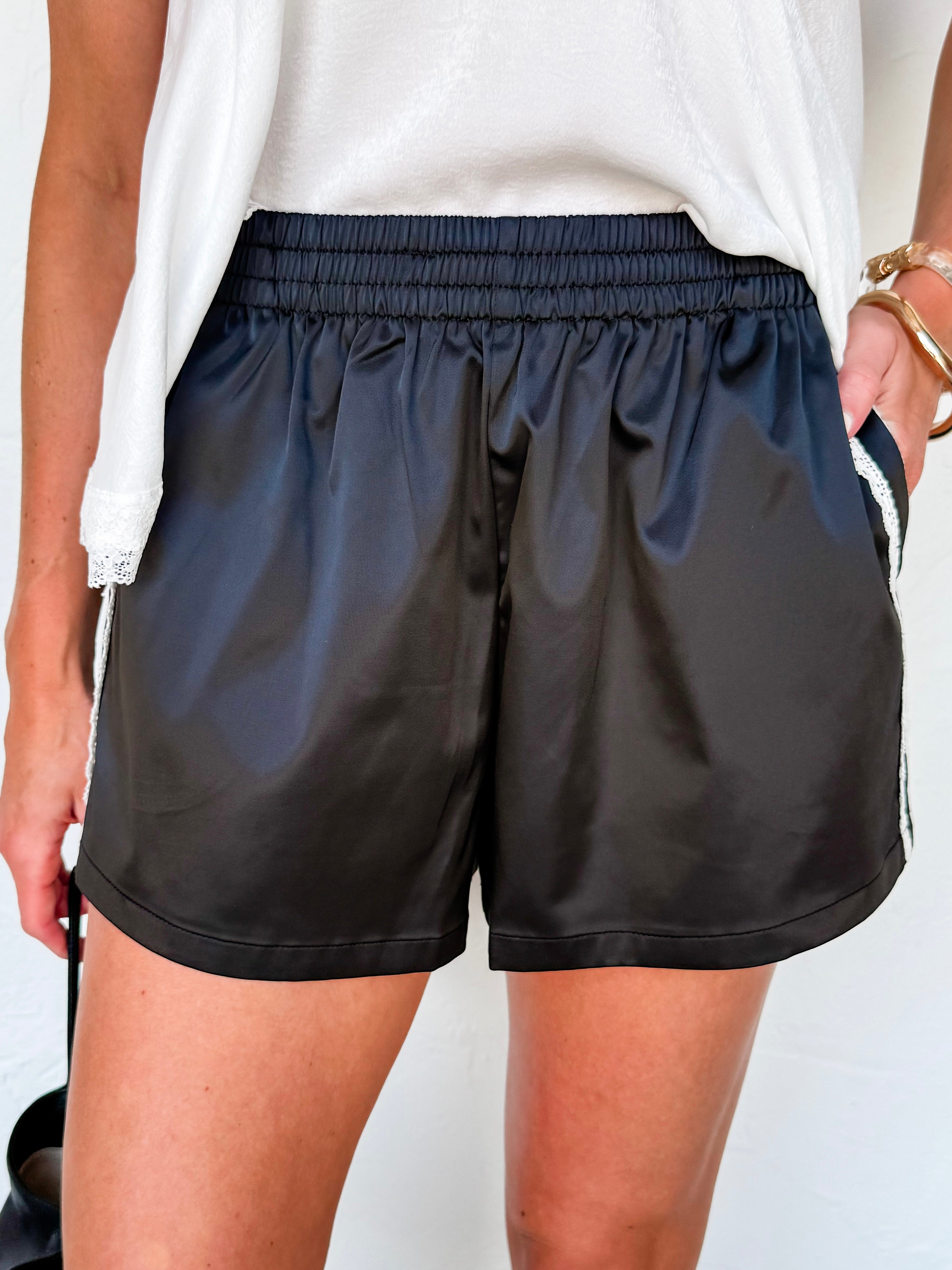 Lainey Satin Lace Detail Shorts-Black