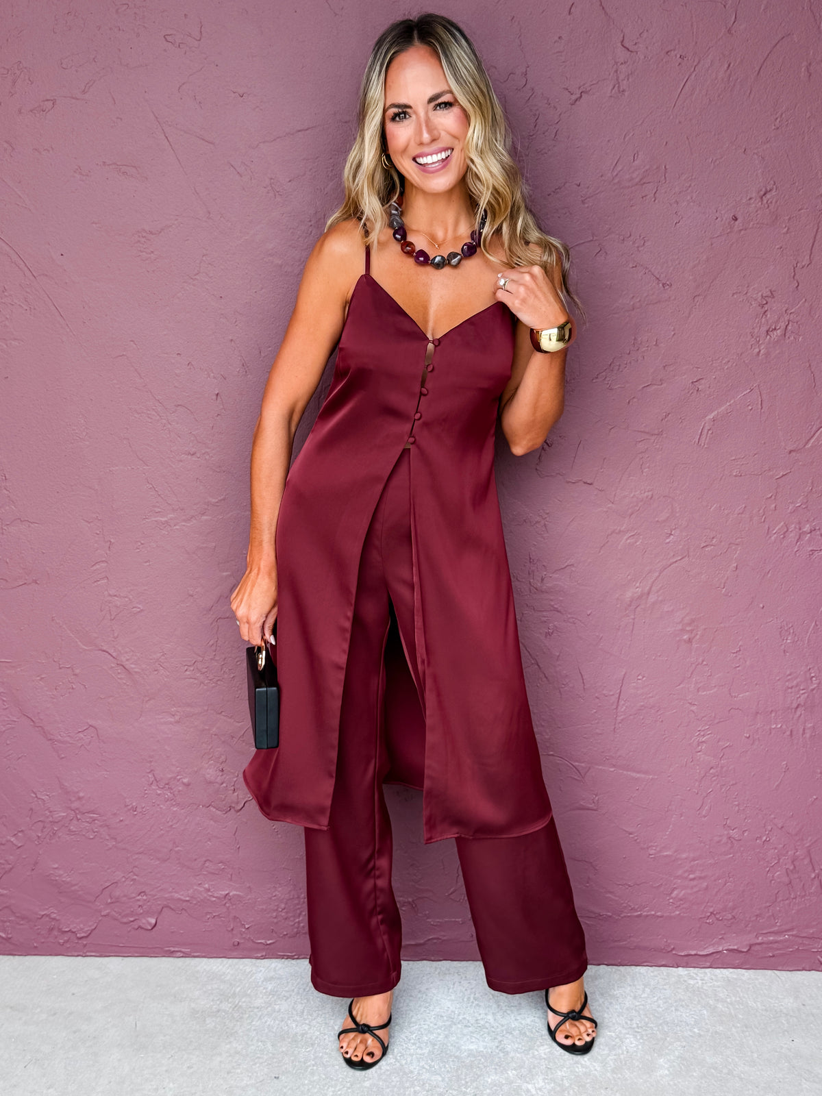 Landon Satin Cami Tunic Top-Maroon