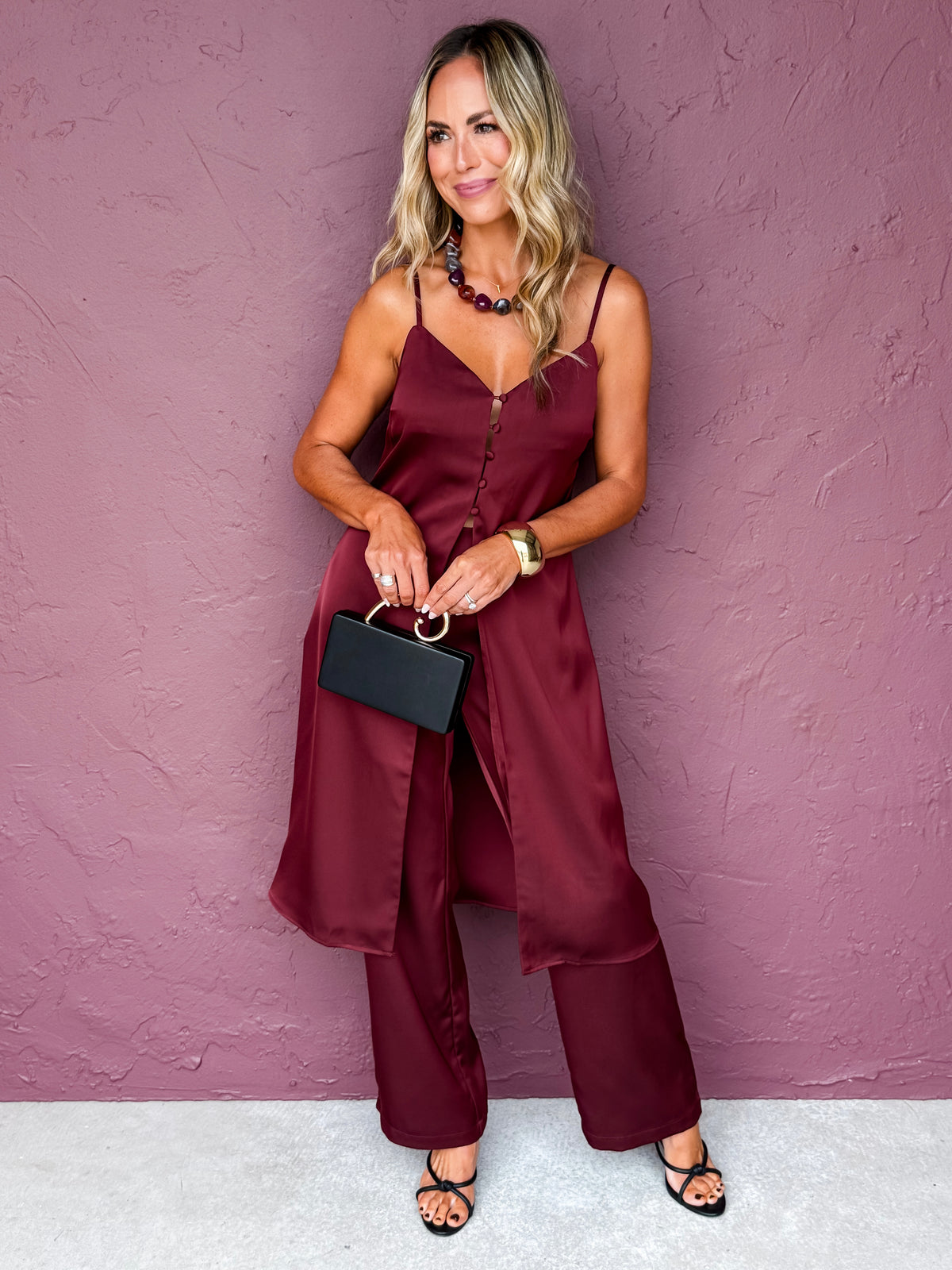 Landon Satin Cami Tunic Top-Maroon