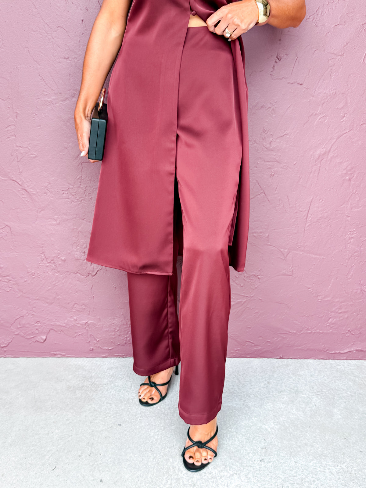 Landon Satin Straight Leg Pants-Maroon