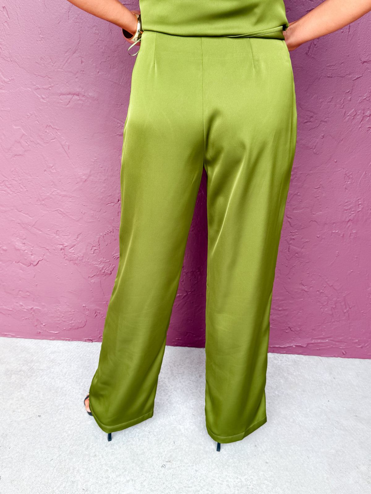 Landon Satin Straight Leg Pants-Olive