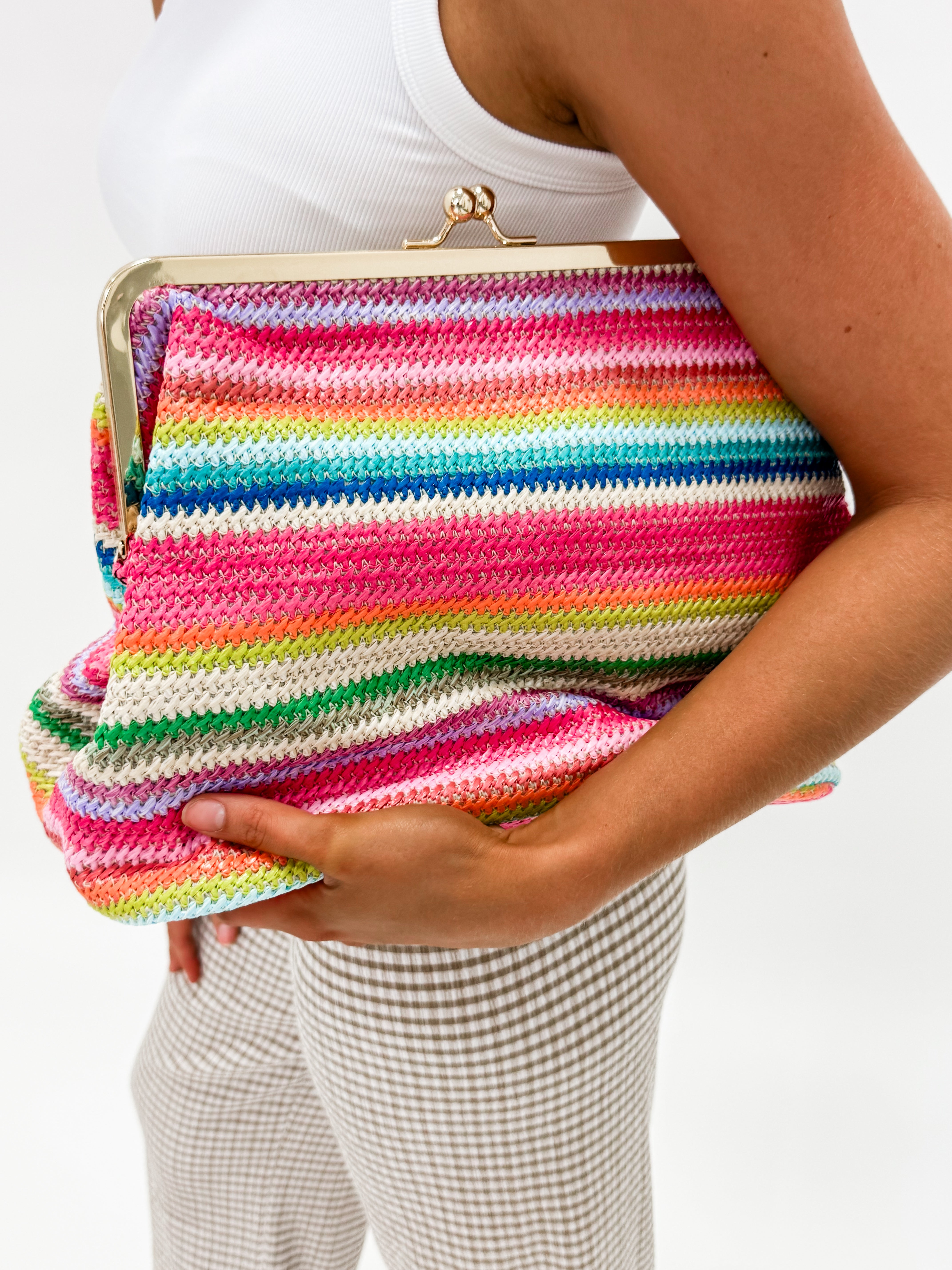 Layla Rainbow Straw Kiss-Lock Bag-Pink