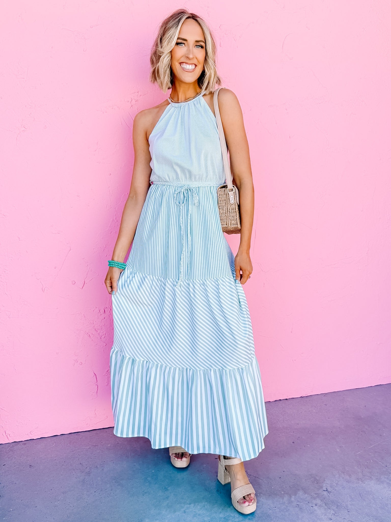 Layton Striped Halter Maxi Dress-Green