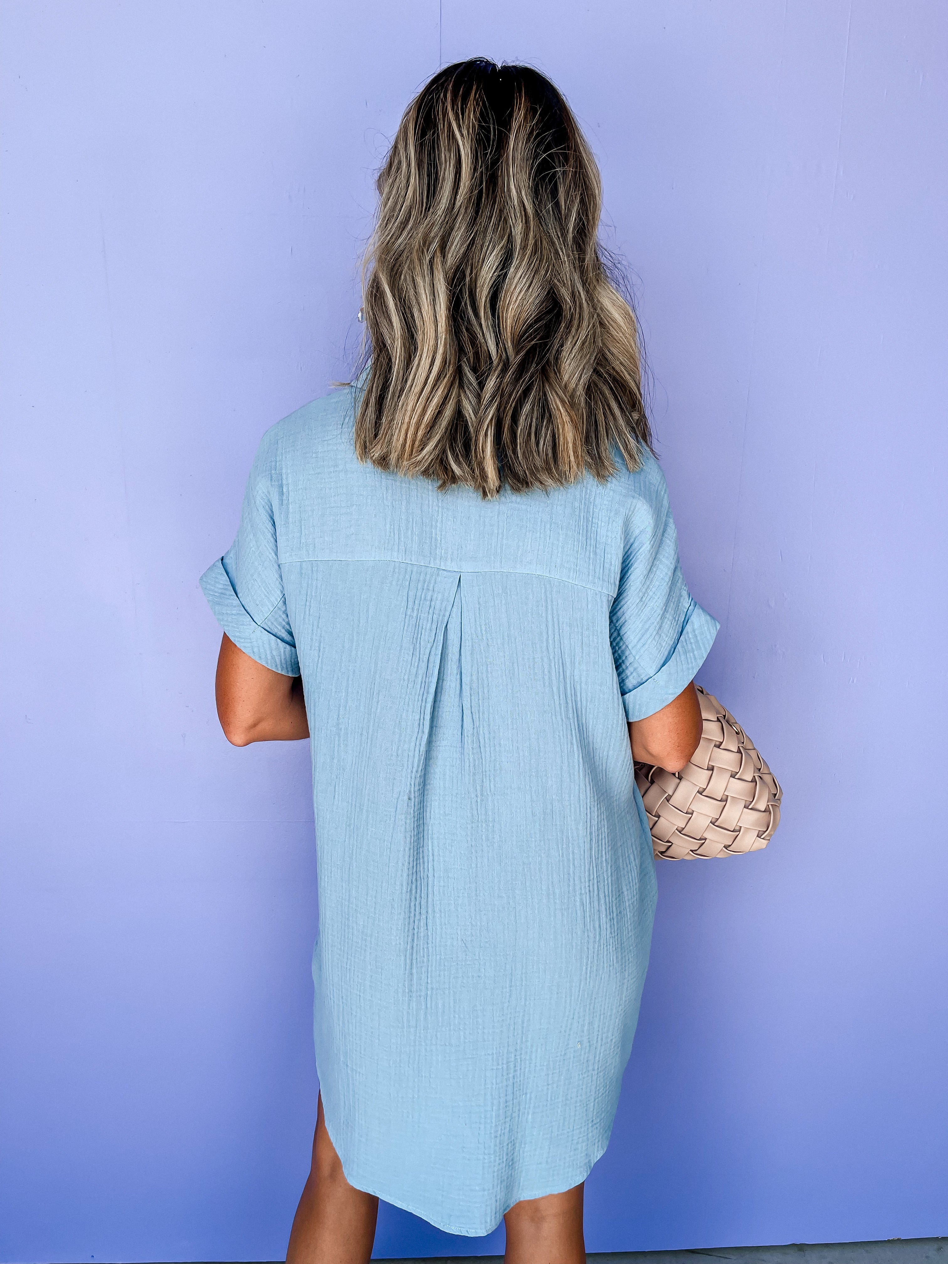 Let's Be Clear Shirt Dress-Chambray