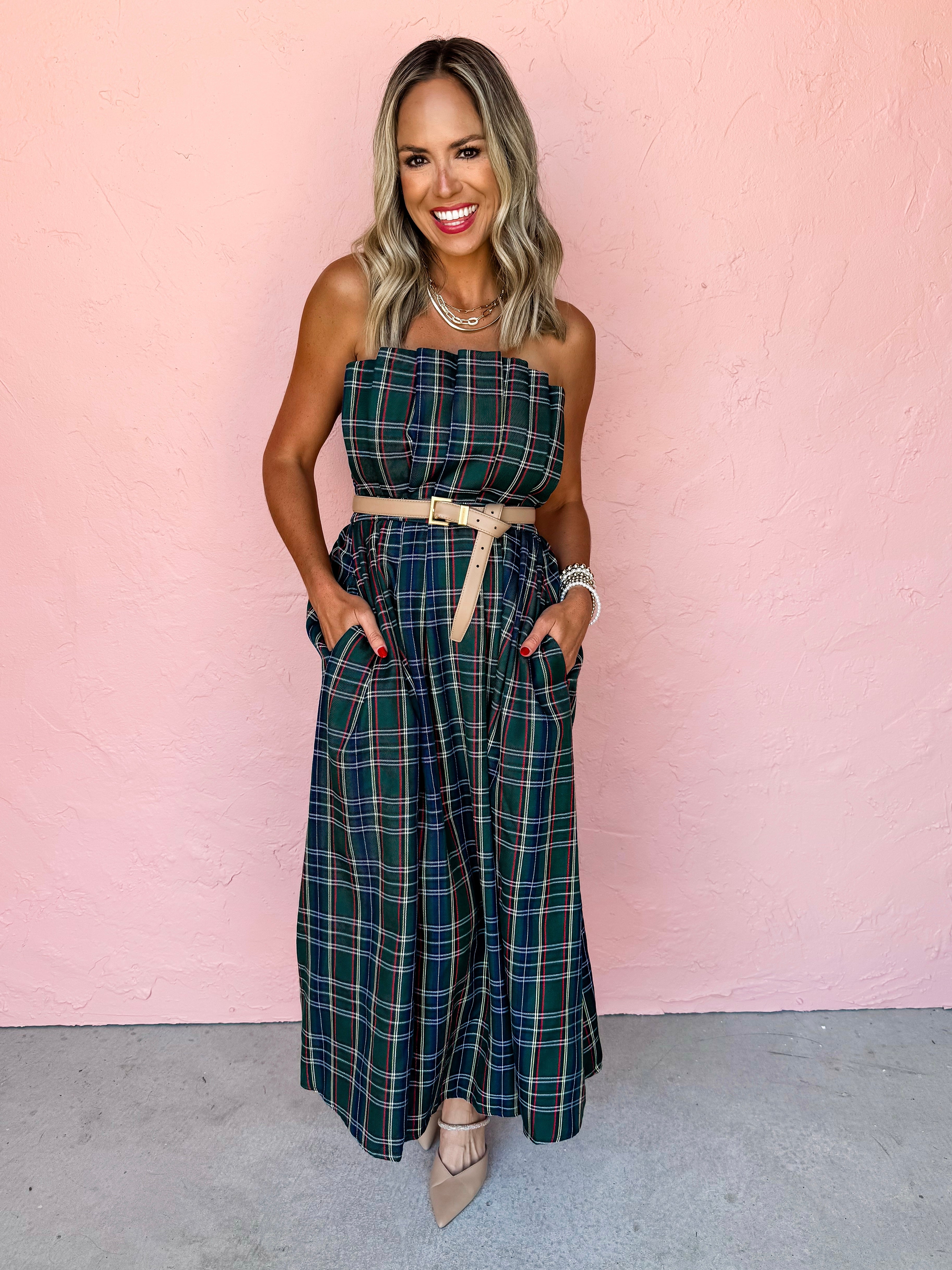 Life Of The Plaid Strapless Midi Dress