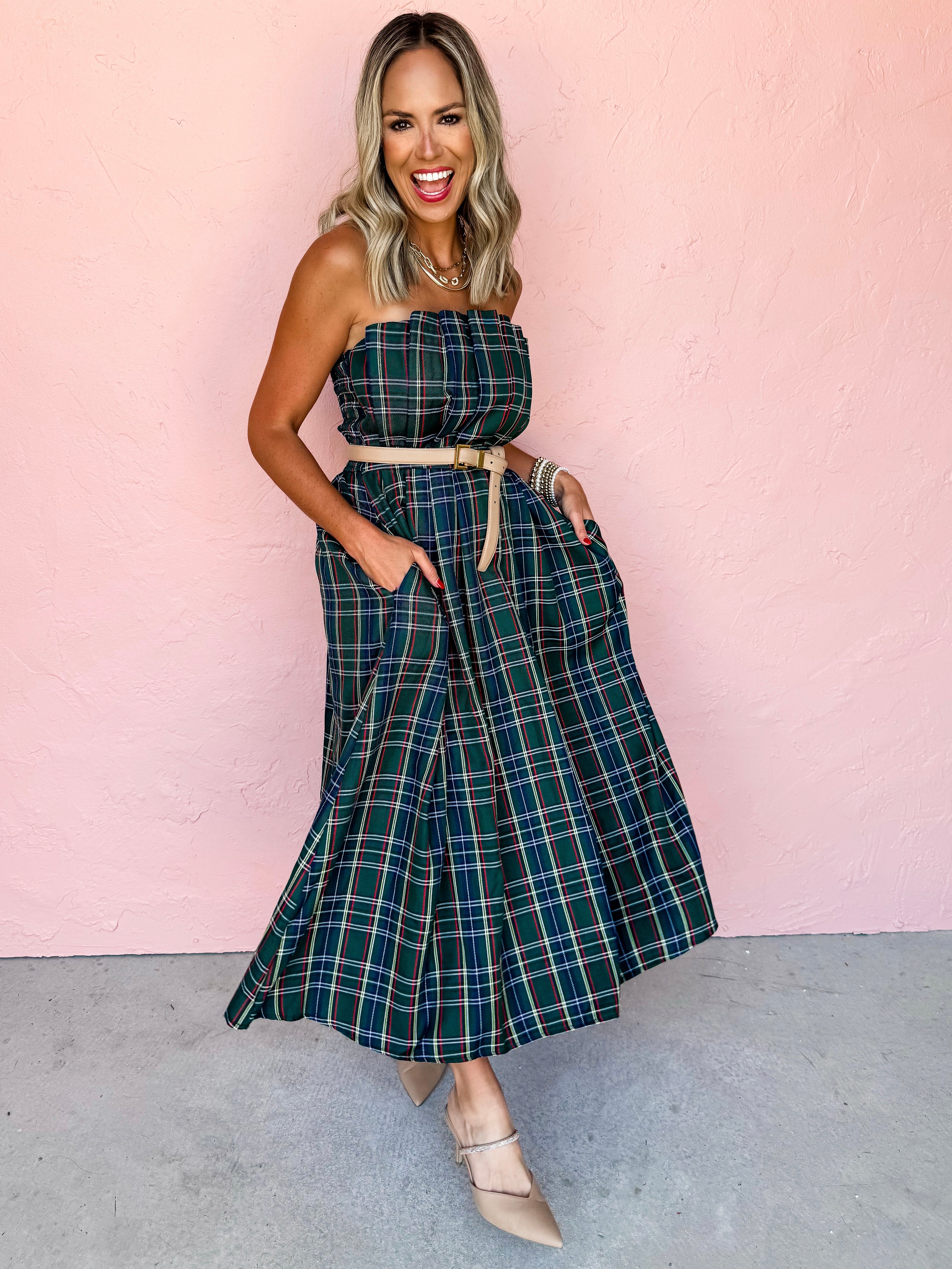 Life Of The Plaid Strapless Midi Dress