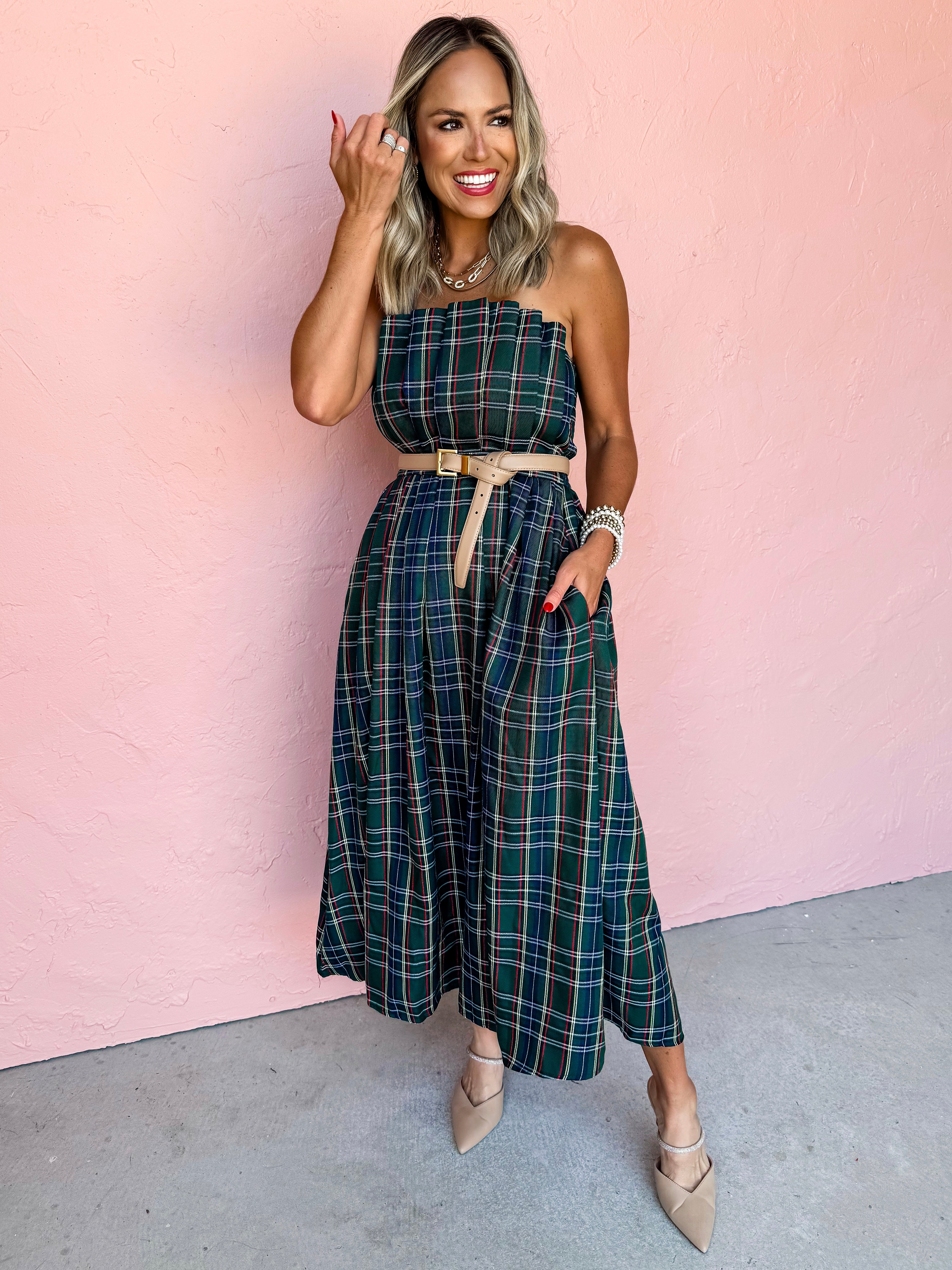 Life Of The Plaid Strapless Midi Dress