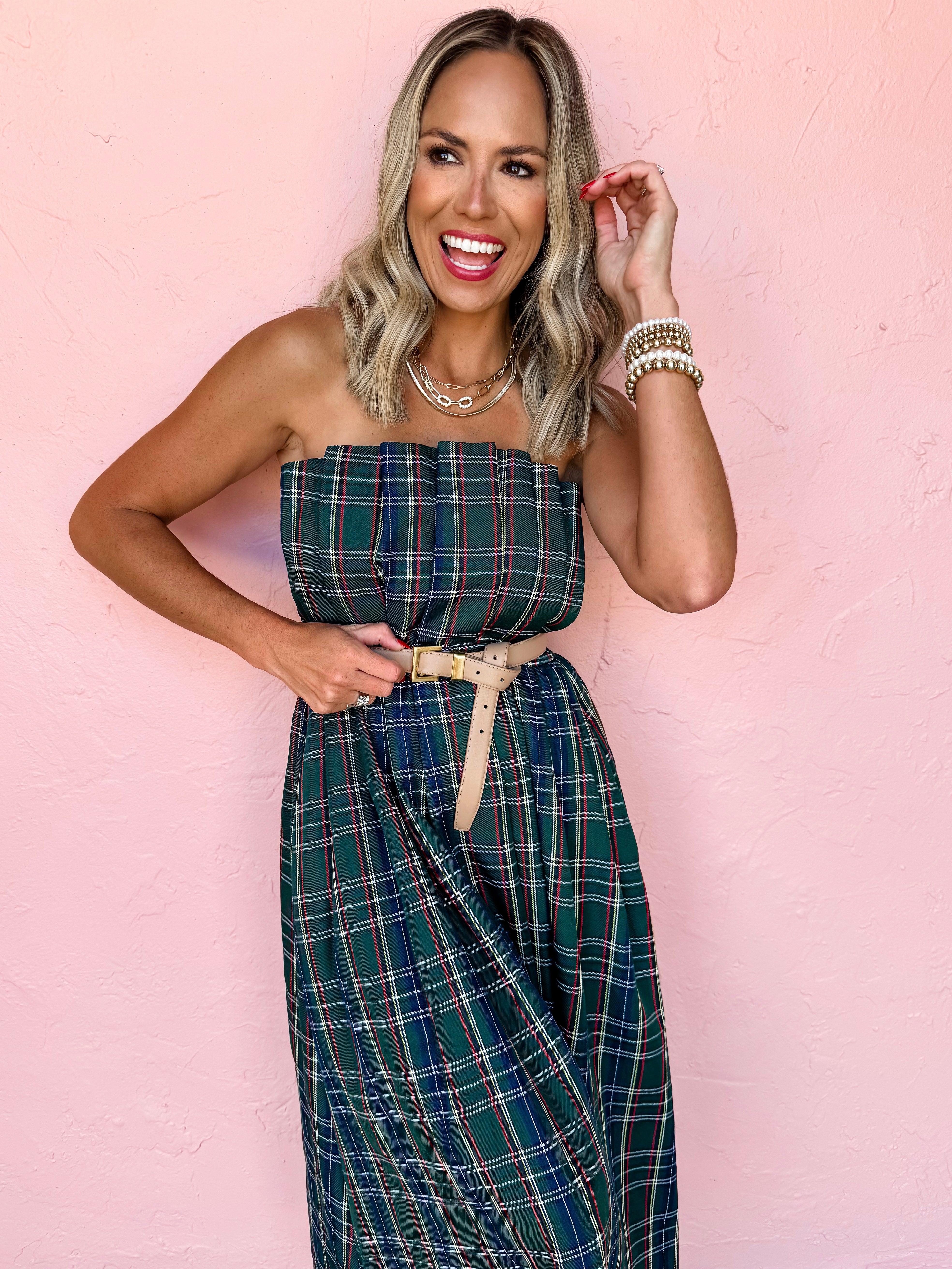 Life Of The Plaid Strapless Midi Dress