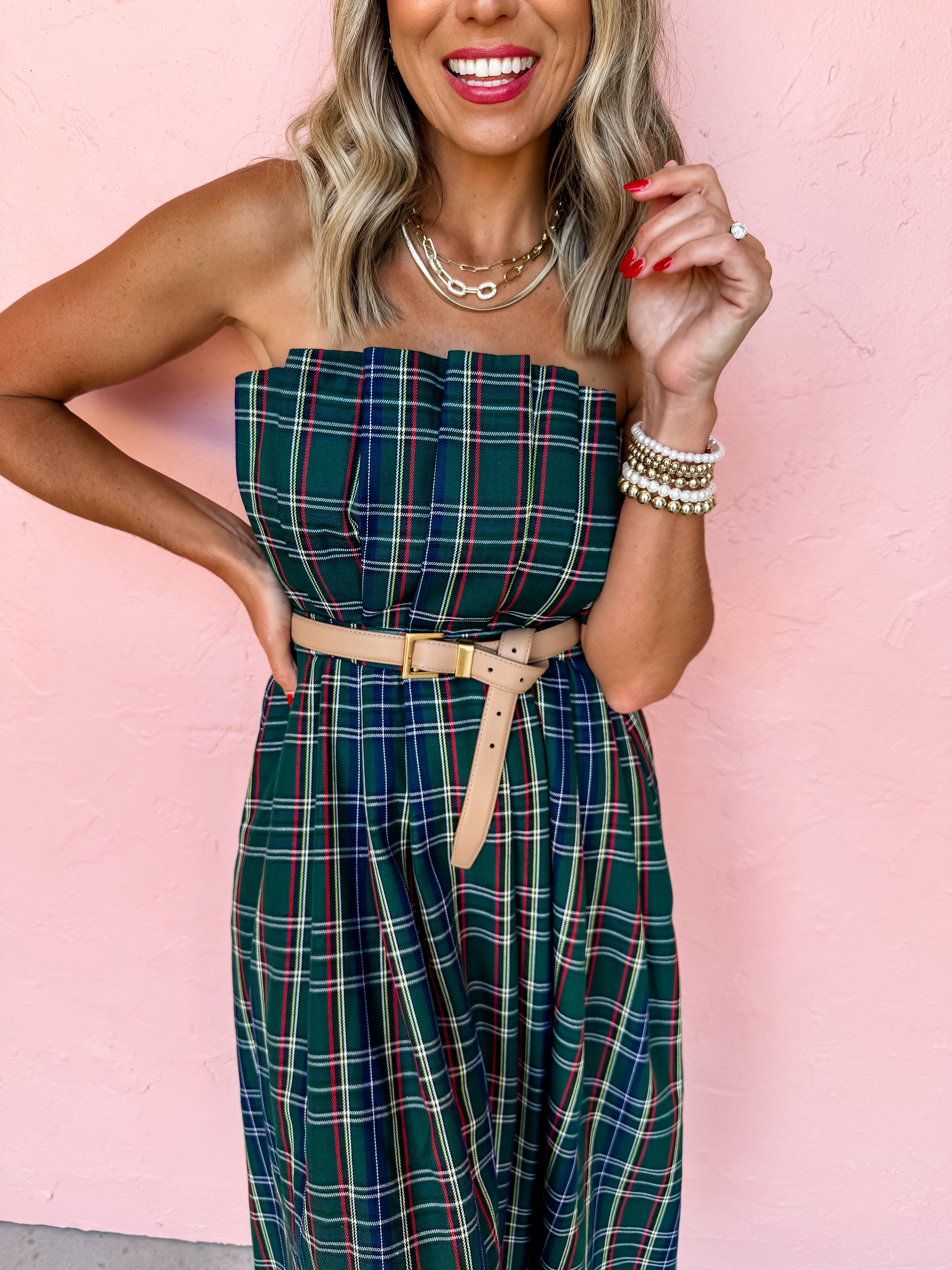 Life Of The Plaid Strapless Midi Dress