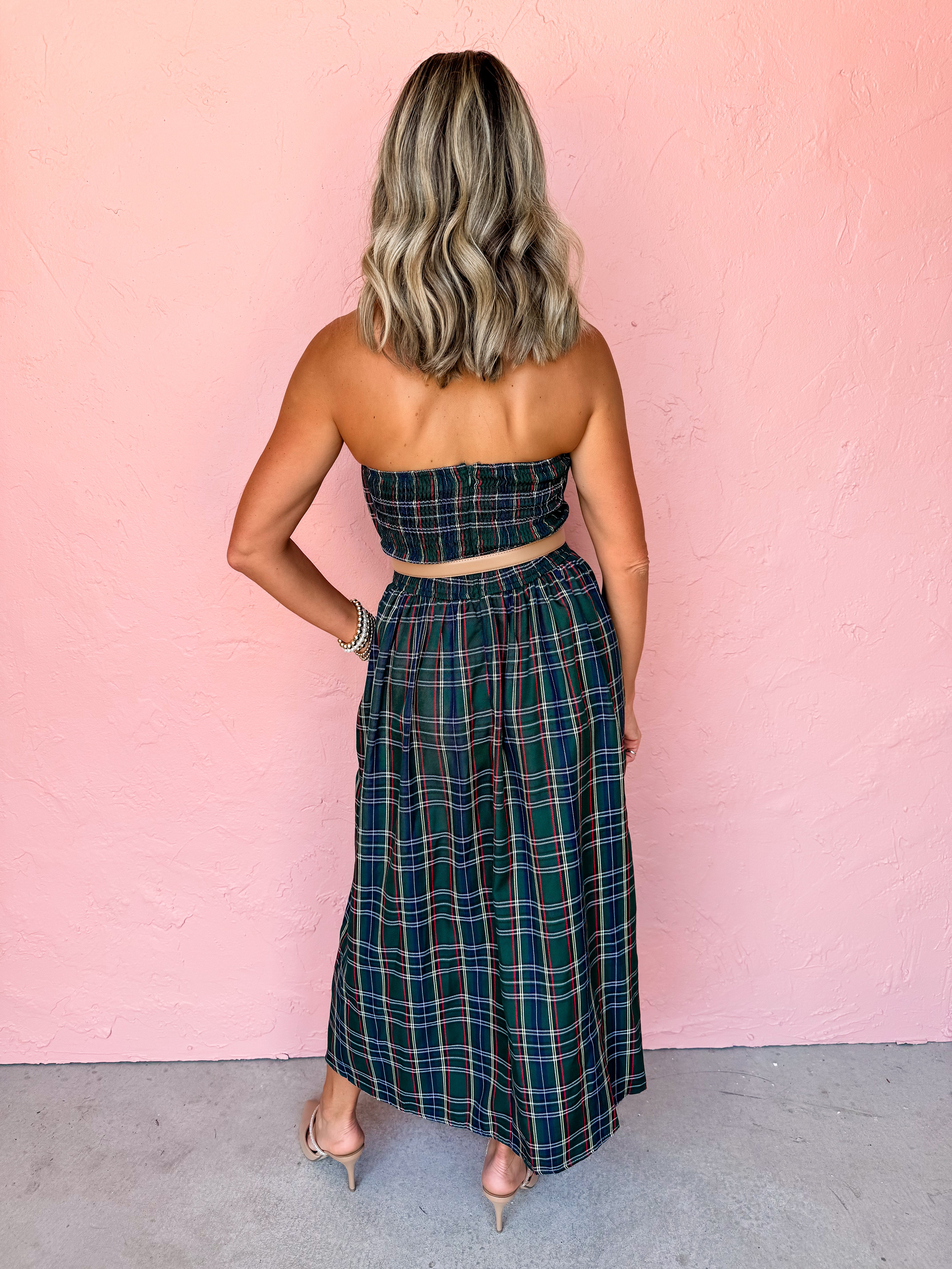 Life Of The Plaid Strapless Midi Dress