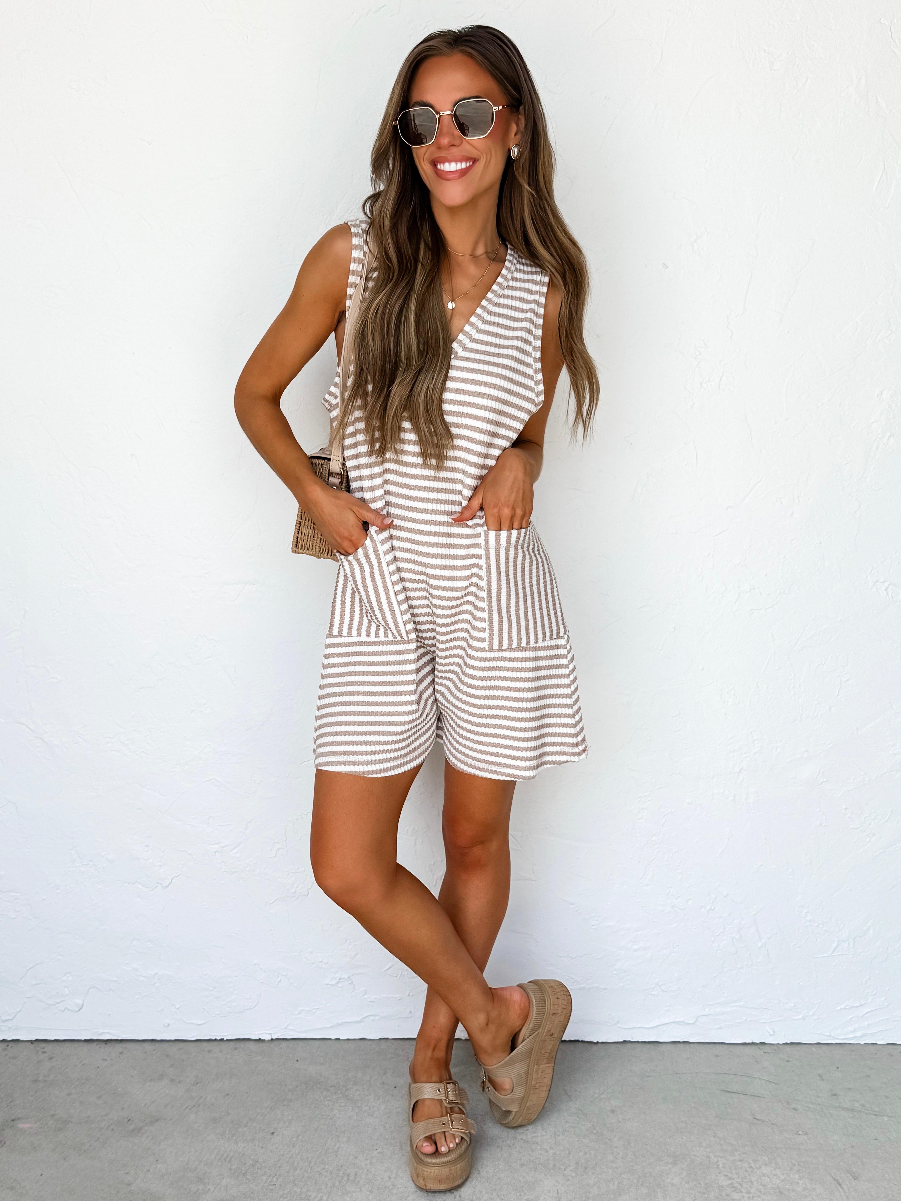 Lilly Striped Casual Romper-Taupe