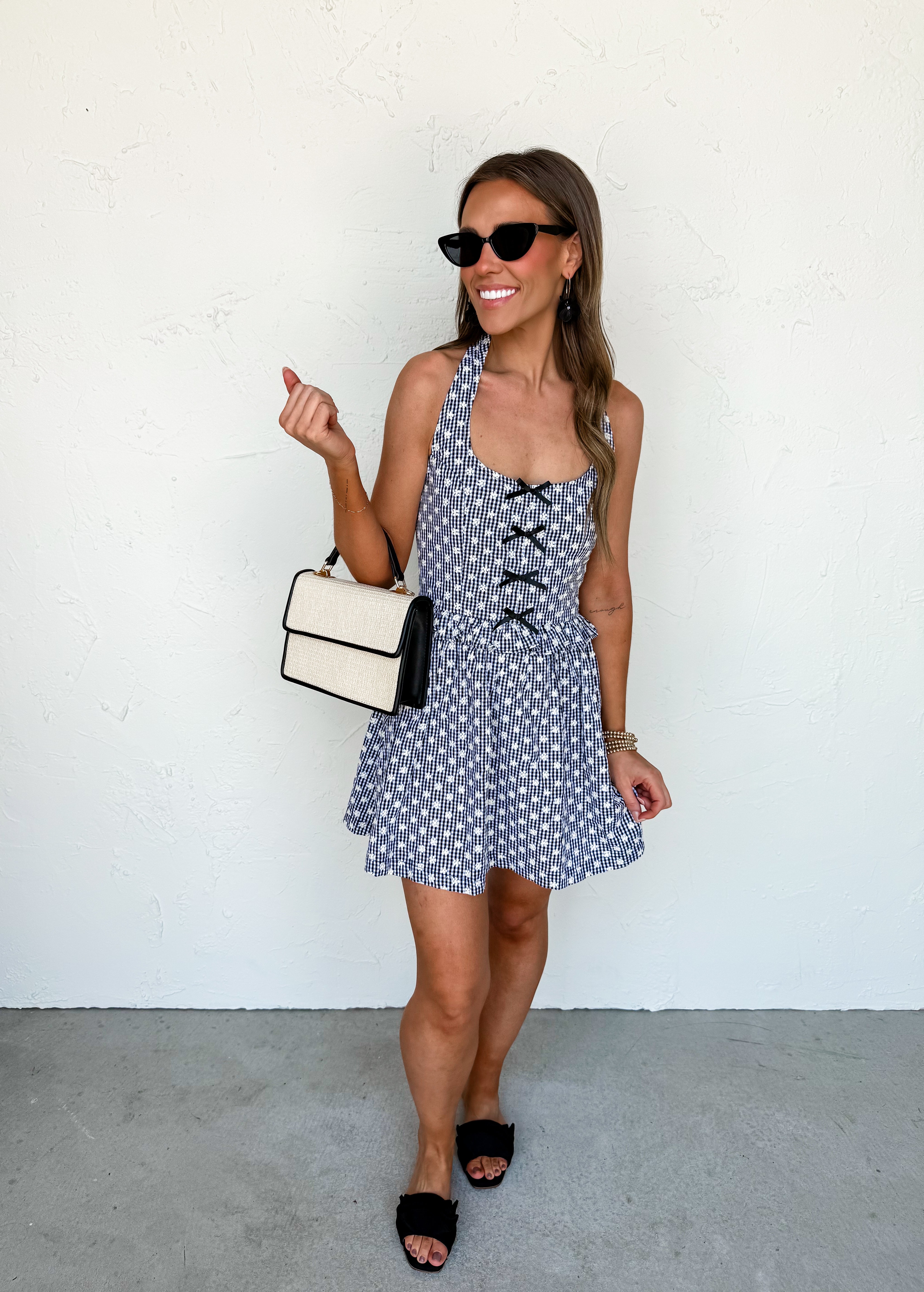 Living For This Gingham Embroidered Halter Mini Dress