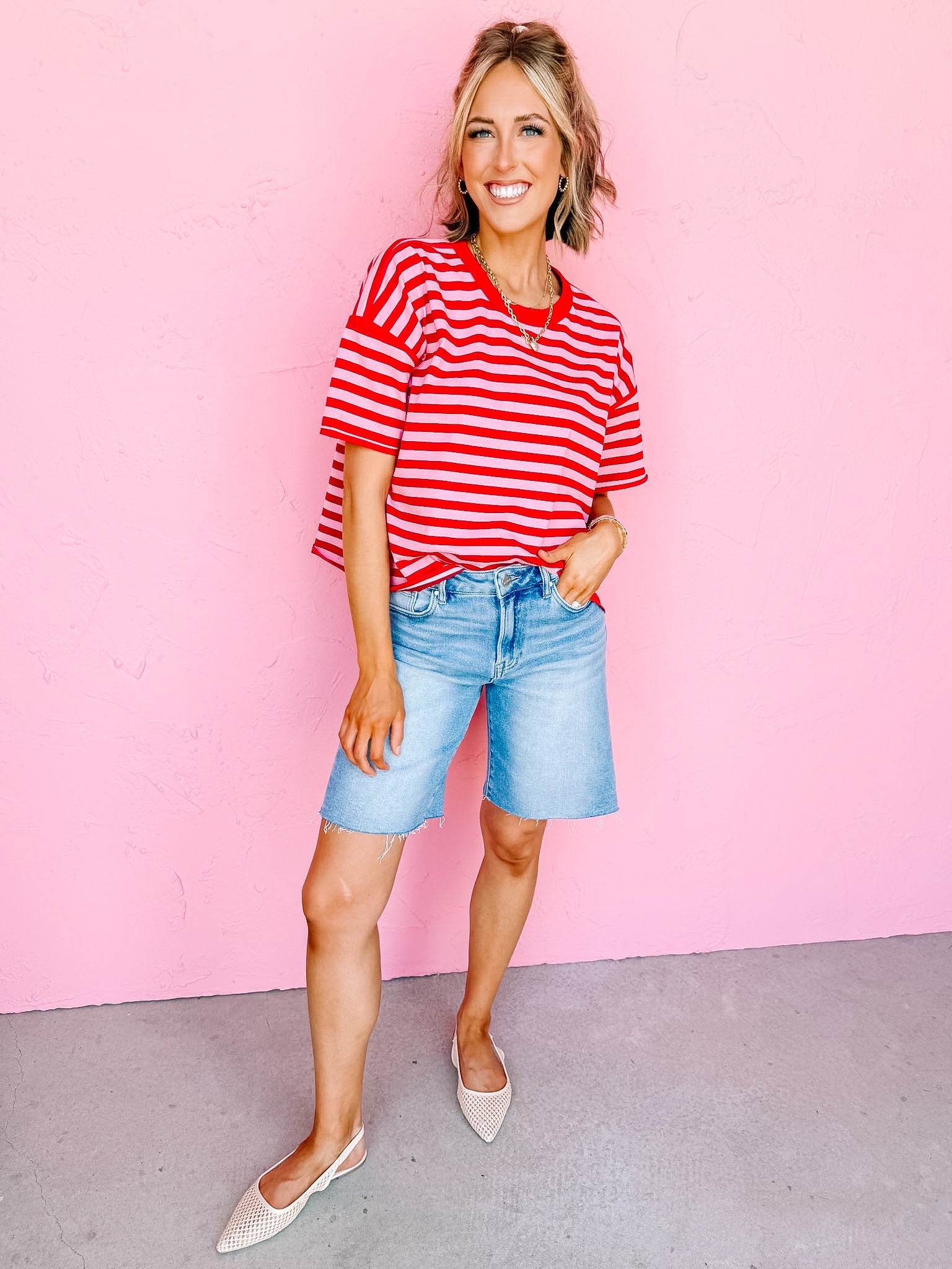 Lola Oversized Stripe Top-Red