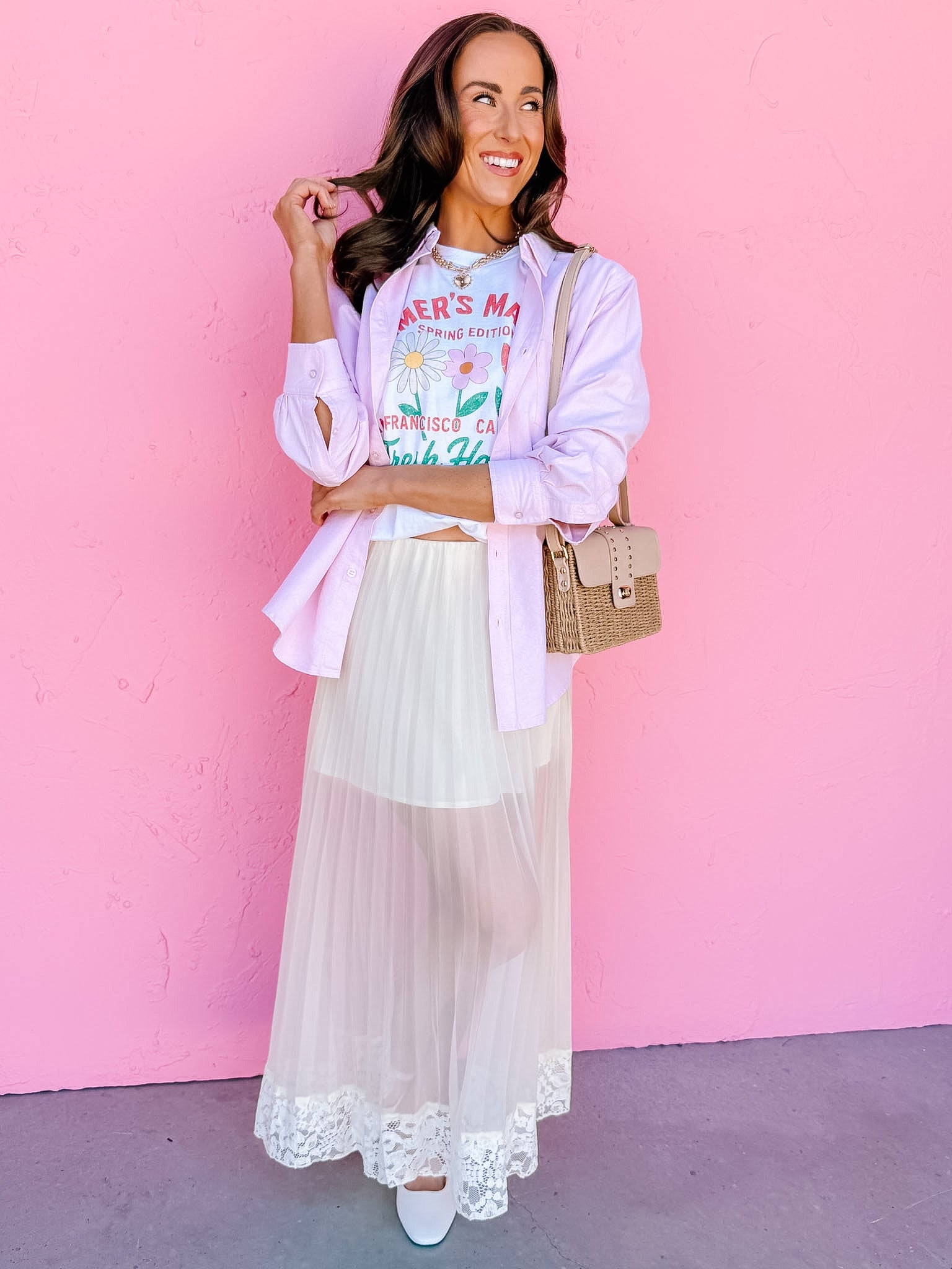 Lori Pleated Lace Trim Midi Skirt