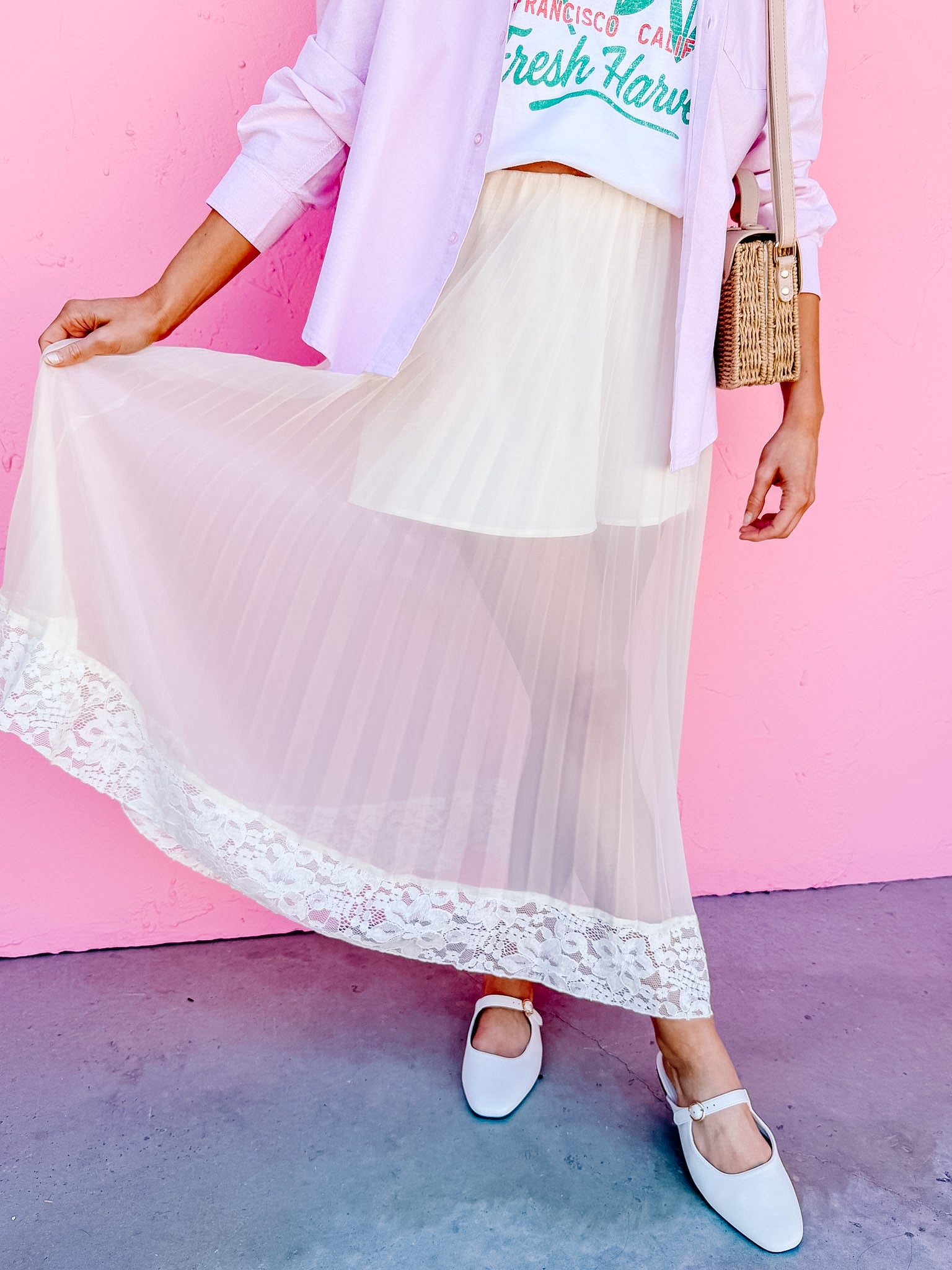 Lori Pleated Lace Trim Midi Skirt