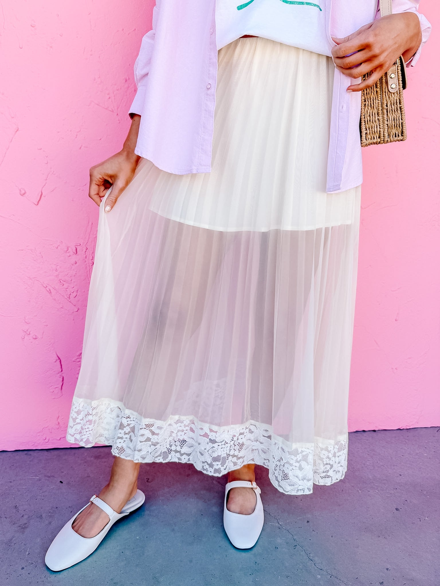 Lori Pleated Lace Trim Midi Skirt