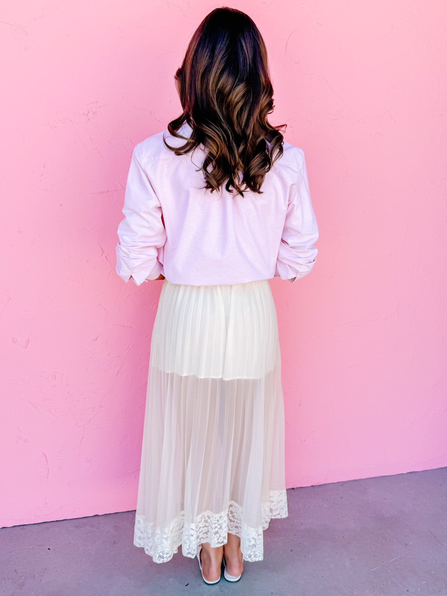 Lori Pleated Lace Trim Midi Skirt