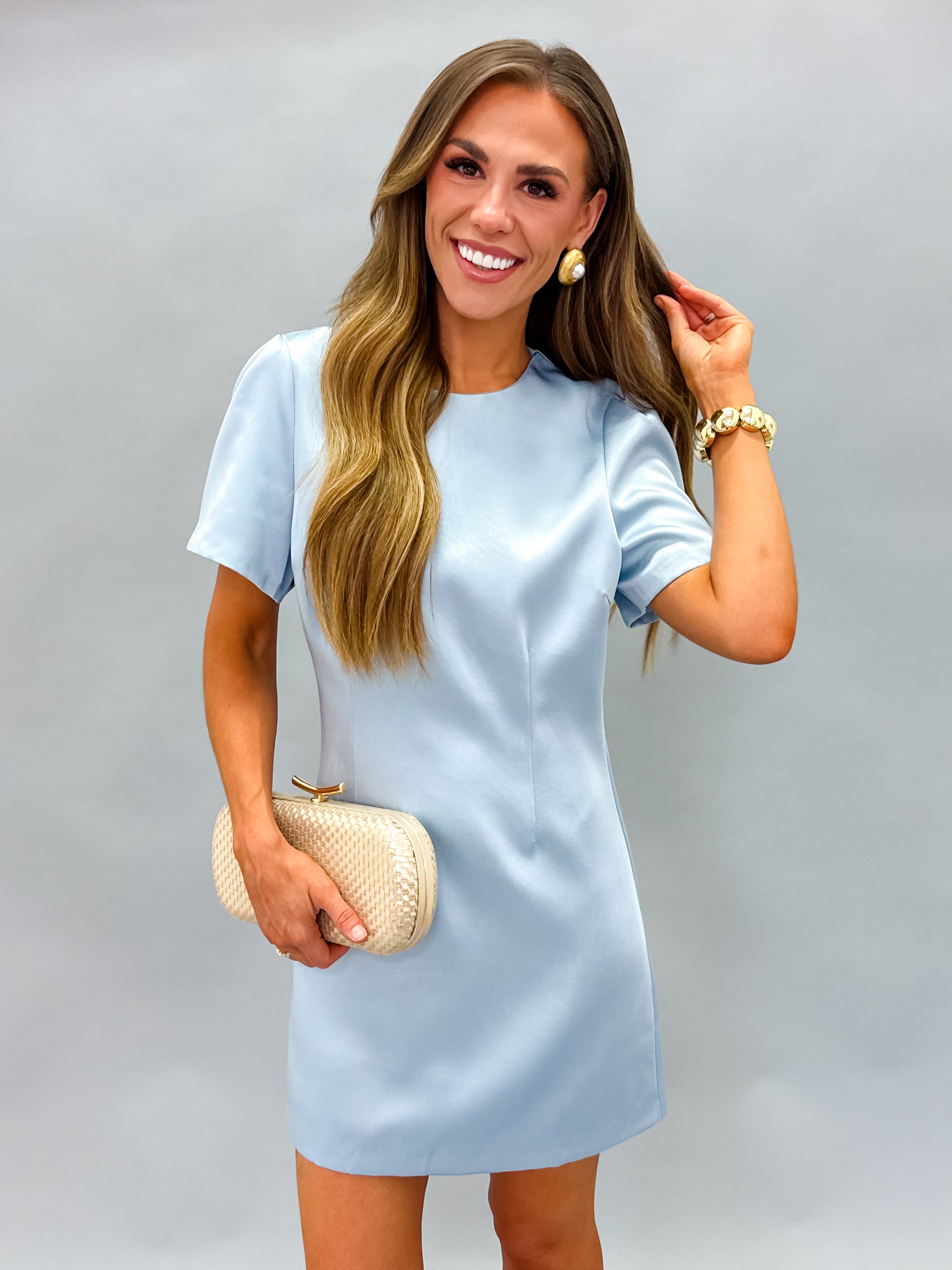 Louisa Satin Puff Sleeve Mini Dress-Dusty Blue