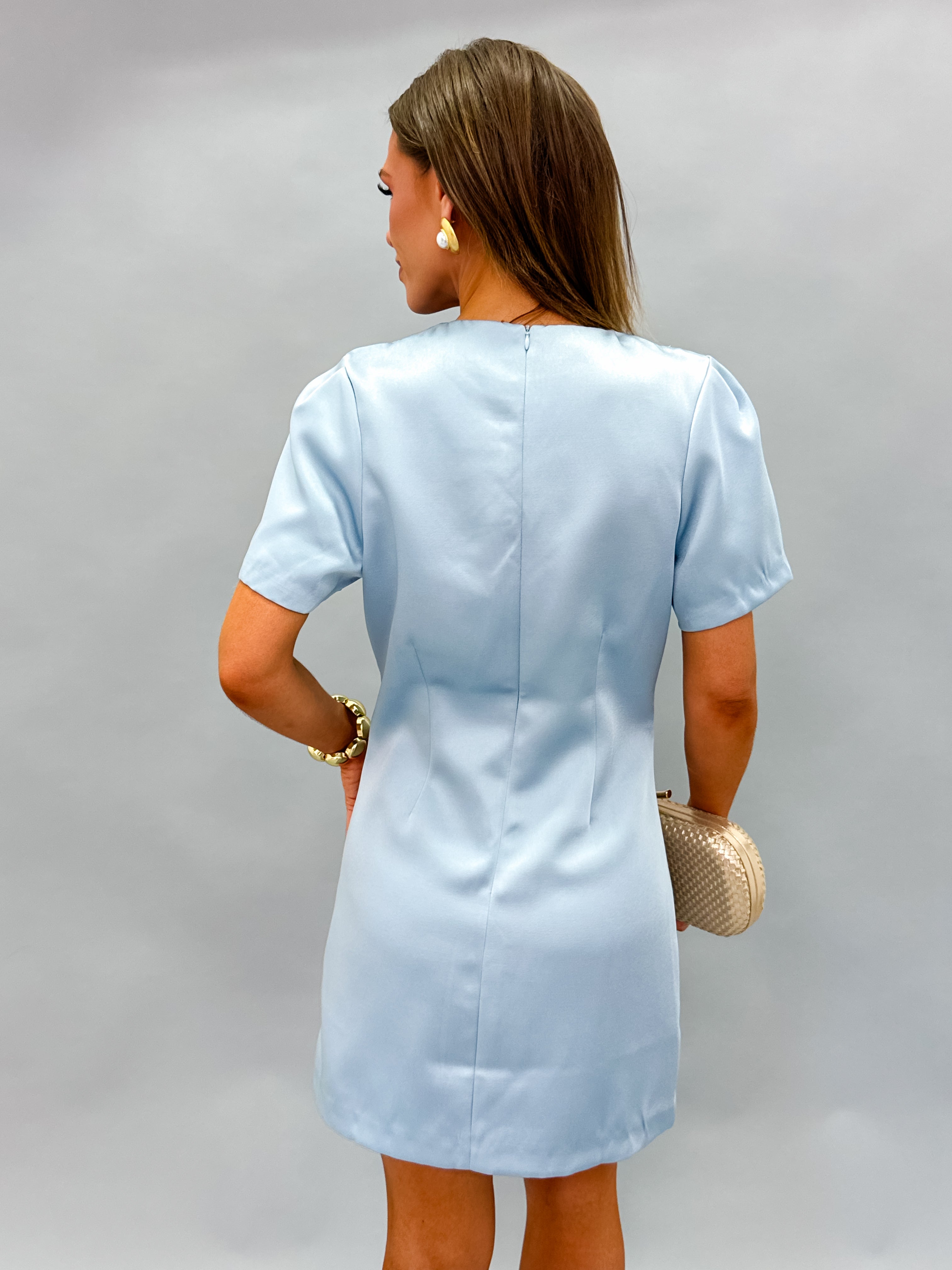 Louisa Satin Puff Sleeve Mini Dress-Dusty Blue
