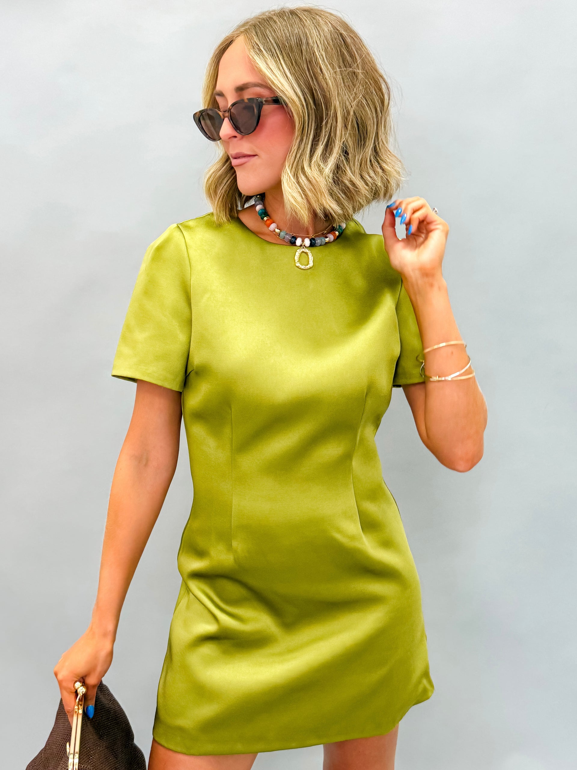 olive green dress short Louisa Satin Puff Sleeve Mini Dress-Olive Small Us Marine Dress Blues Keyhole opening and double CORE STATUS_Q3 2025-Q1 2026 CORE Sleeve Length:Standard - 38.5