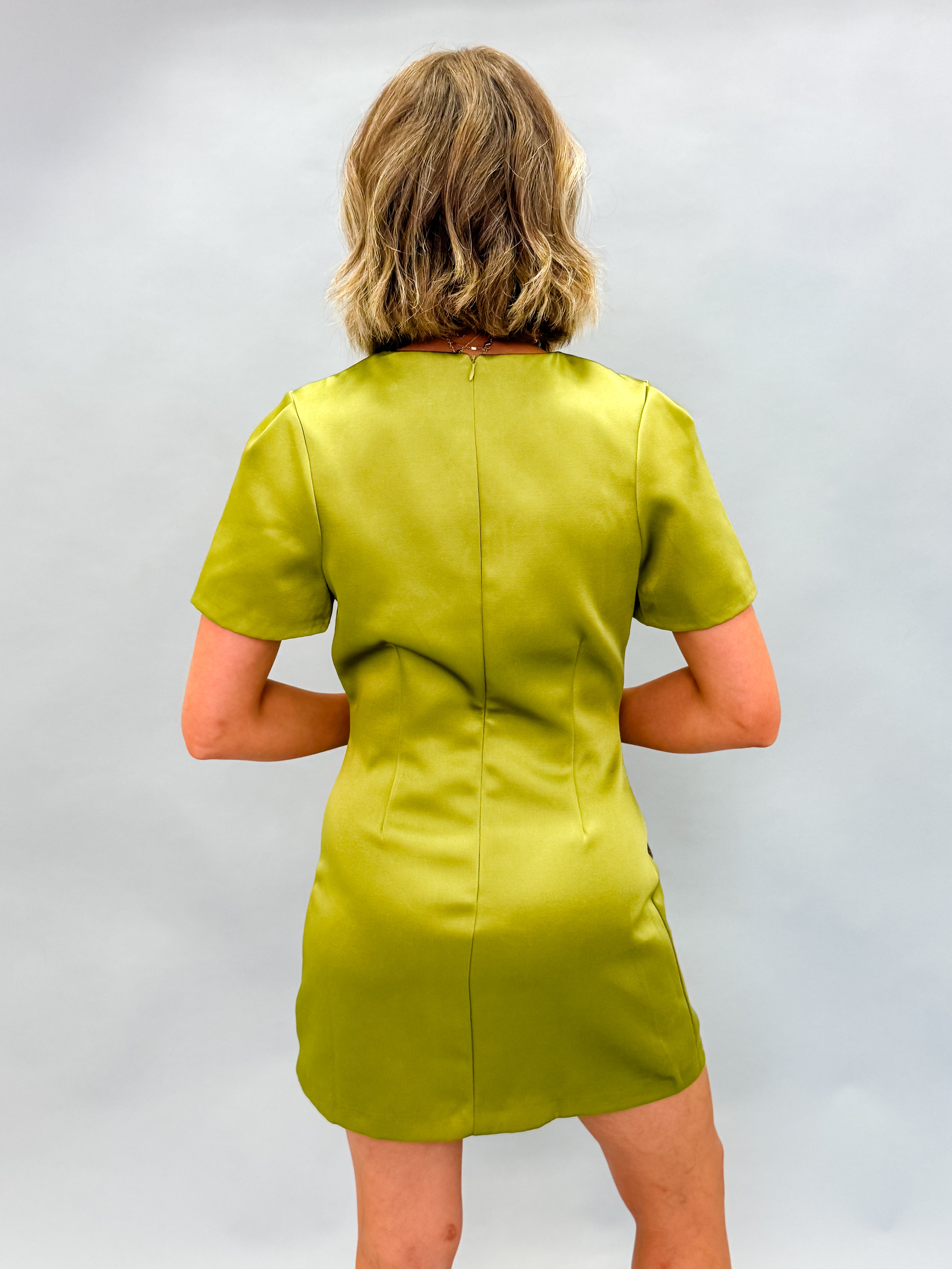 Louisa Satin Puff Sleeve Mini Dress-Olive