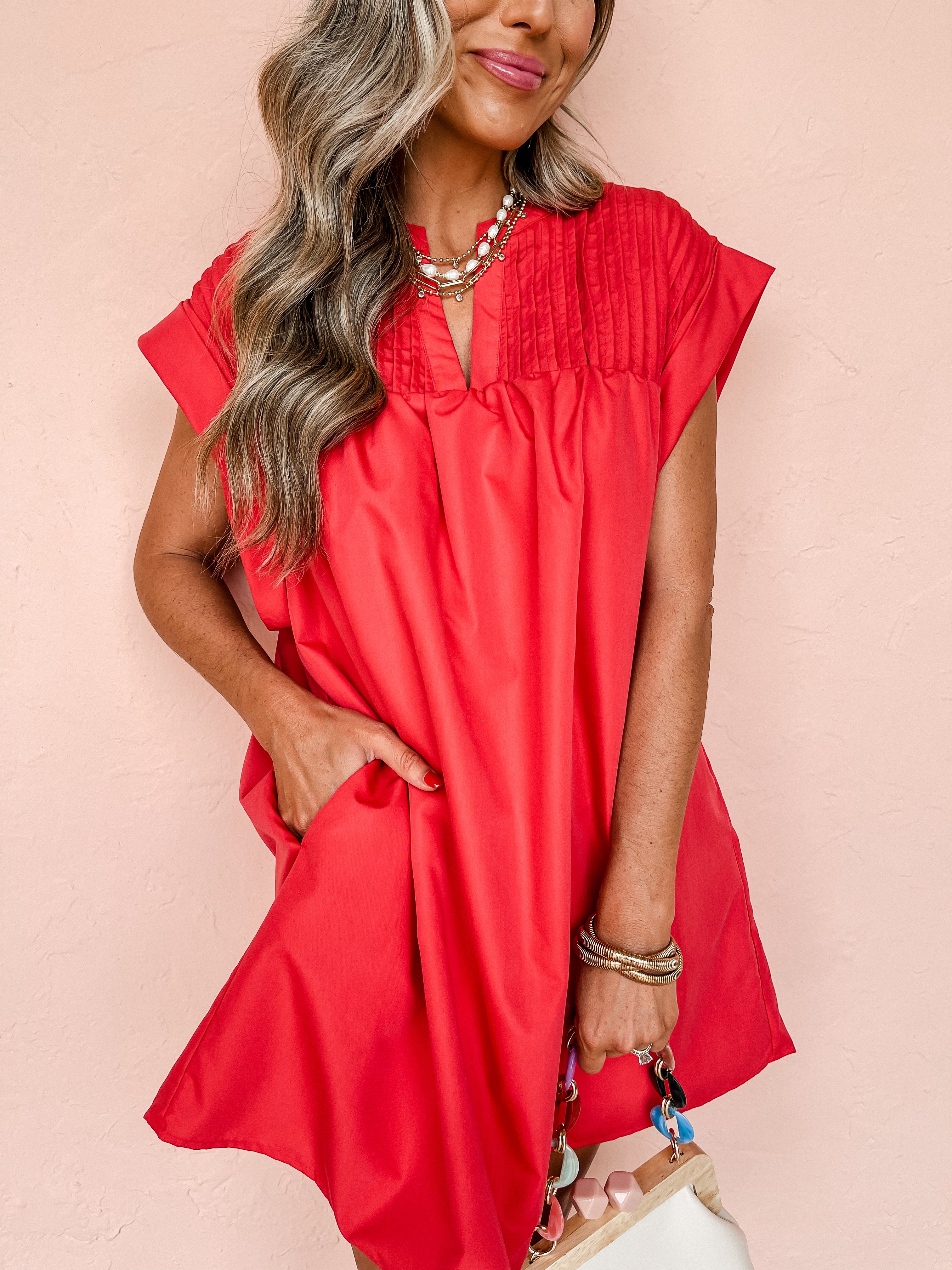 Loveliest Look Pleated V Neck Dress-Red