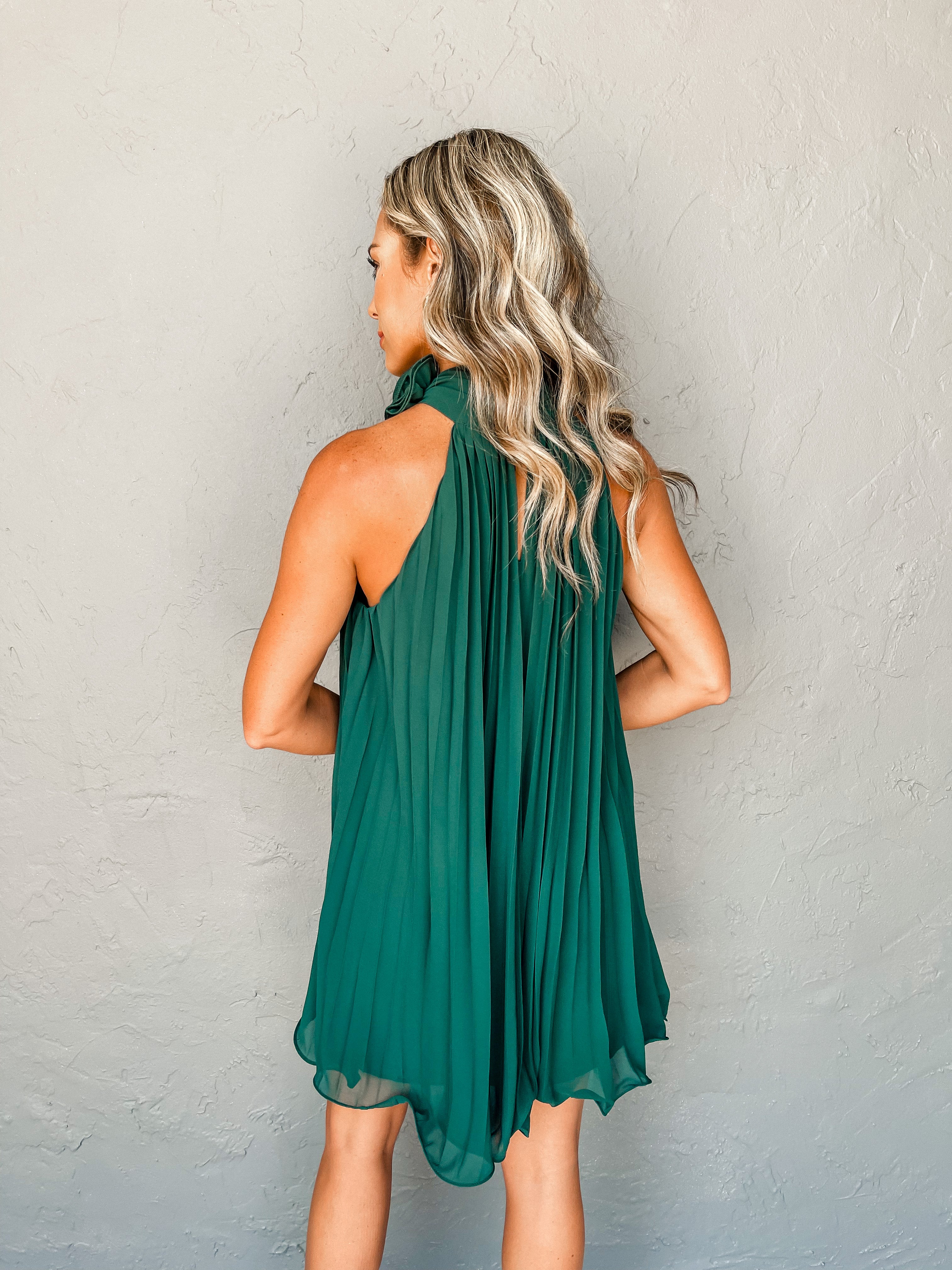 Luxe Debut Pleated Mini Dress-Hunter Green