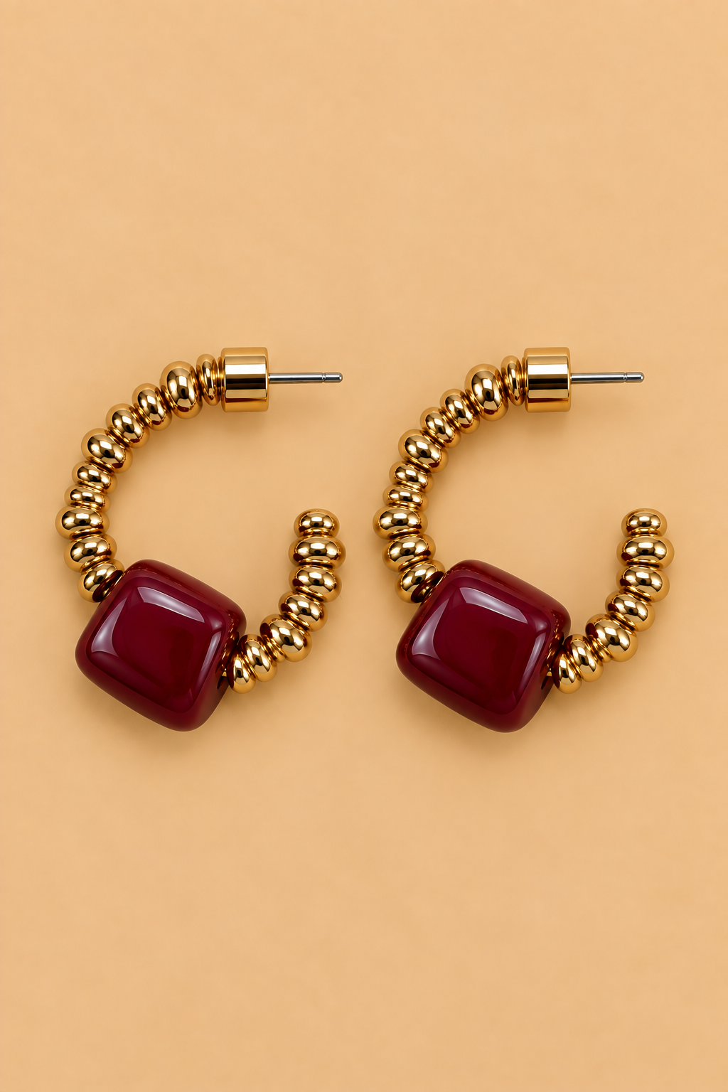 Mabel Marbled Stone & Gold Hoop Earrings-Burgundy