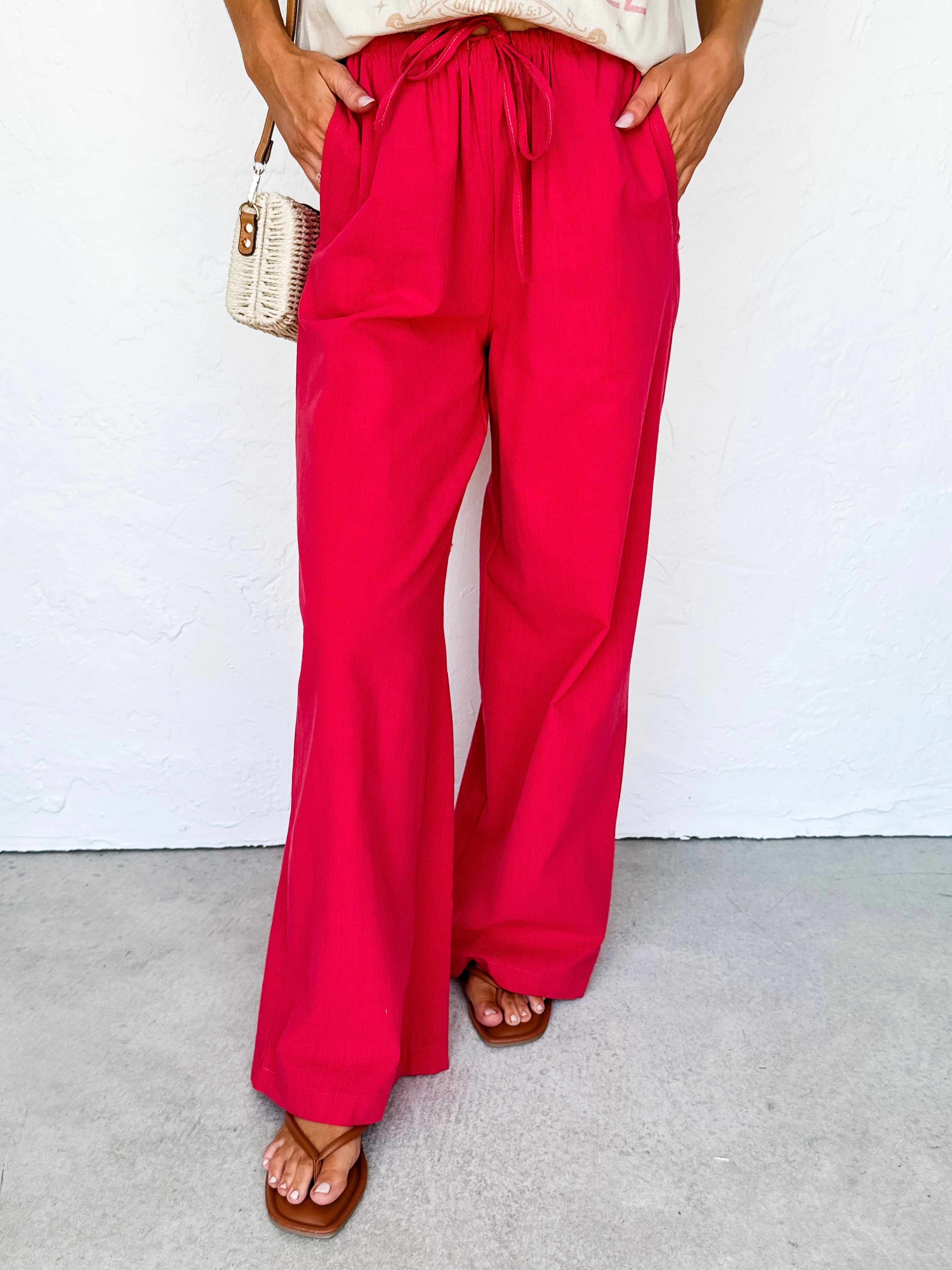 Madden Linen Wide Leg Drawstring Pants-Red