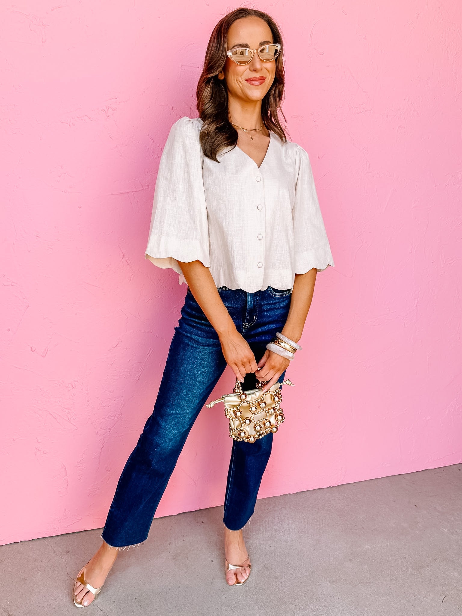 Mandy Scallop Half Sleeve Top-Cream