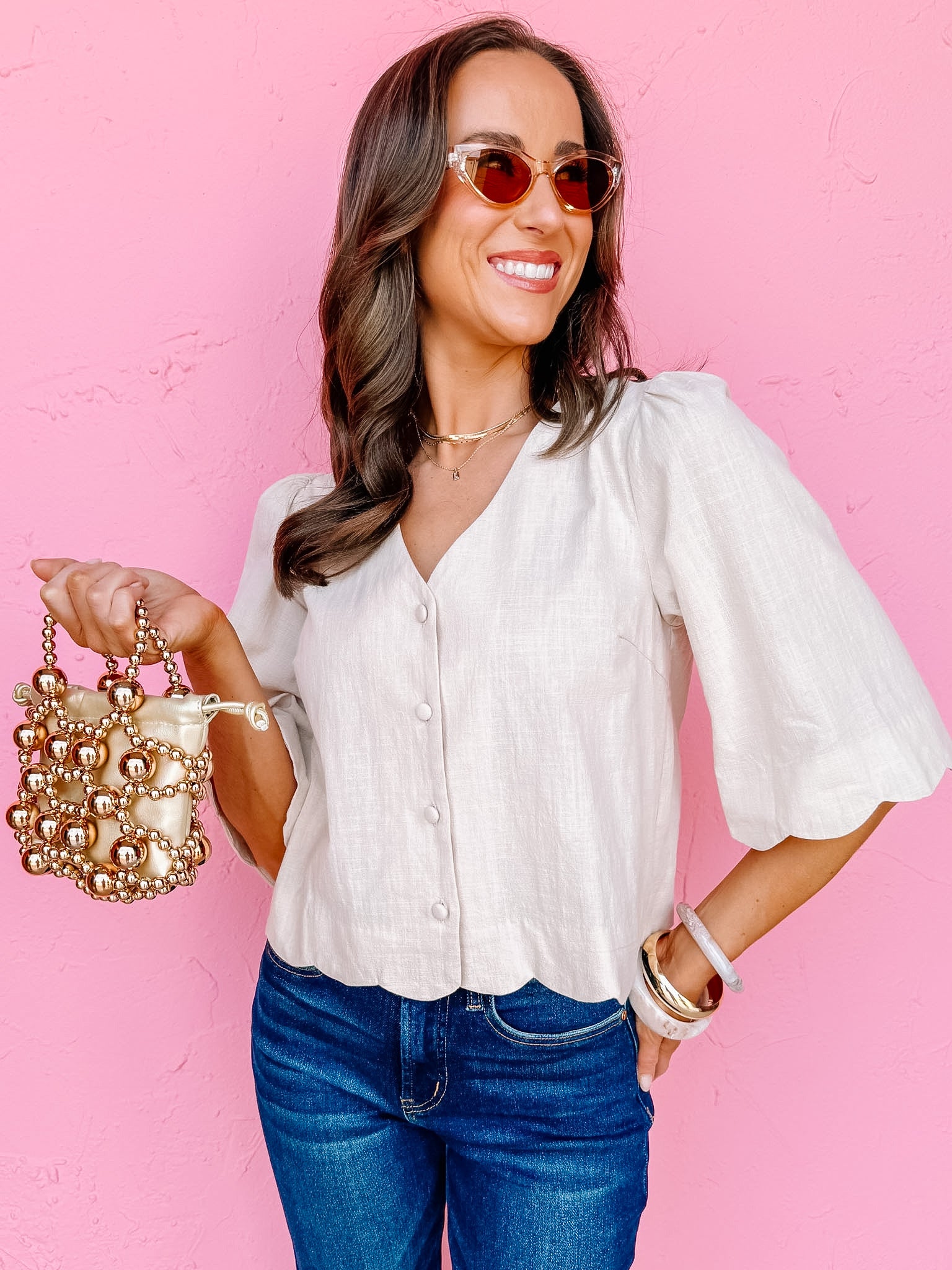 Mandy Scallop Half Sleeve Top-Cream