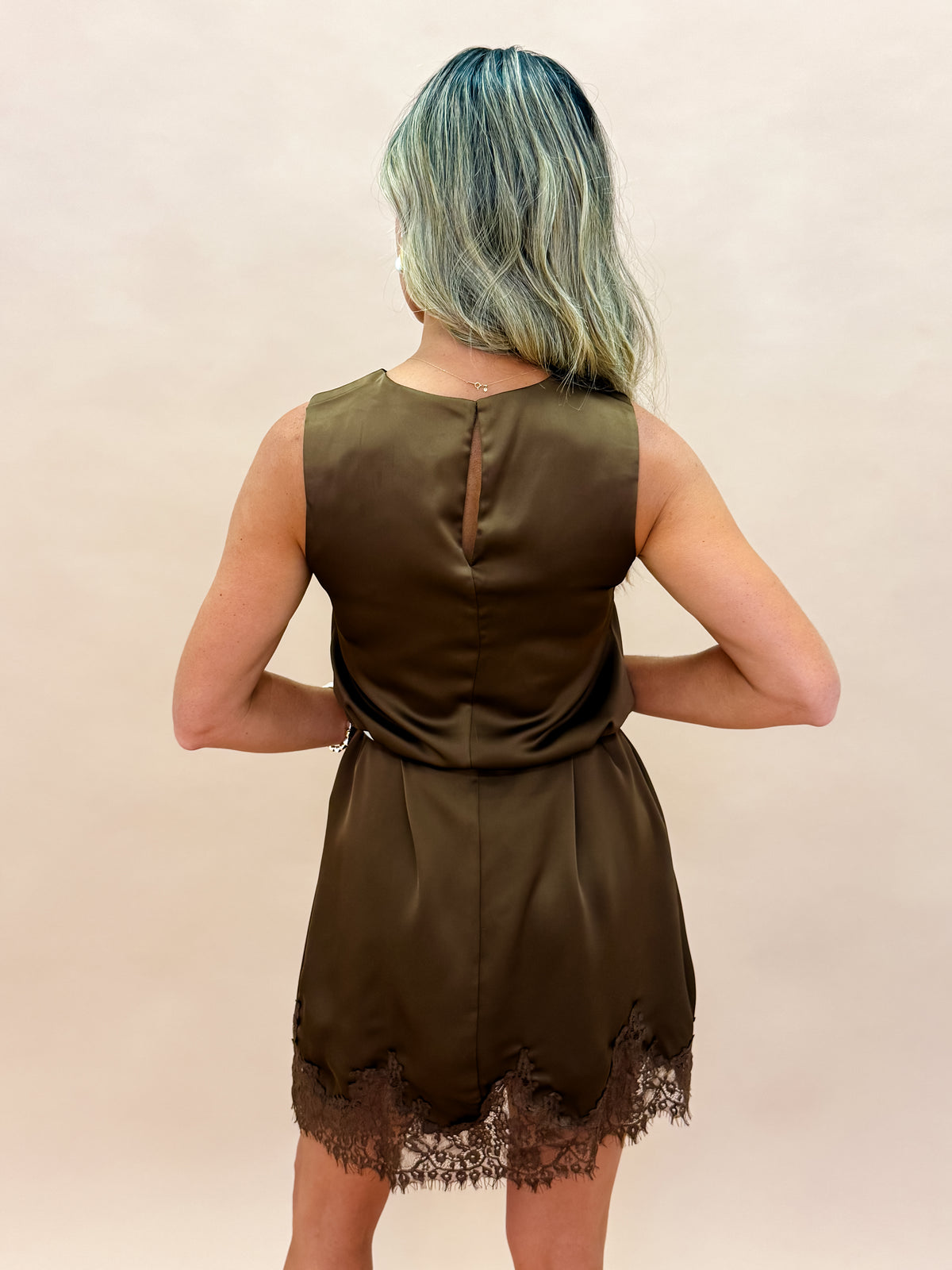 Maribel Lace Trim Mini Dress-Brown