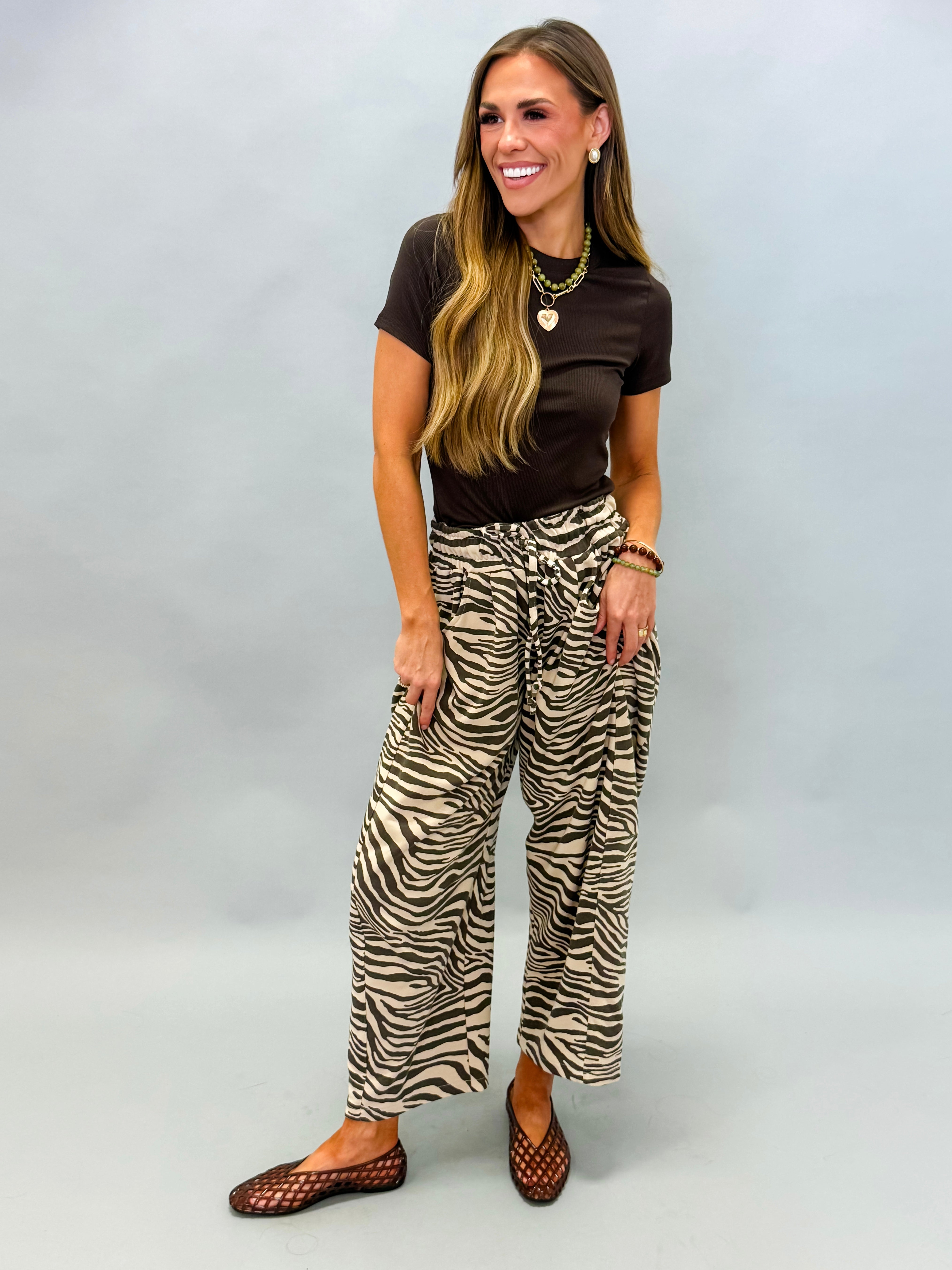 Marla Zebra Print Barrel Leg Pants-Brown/Beige