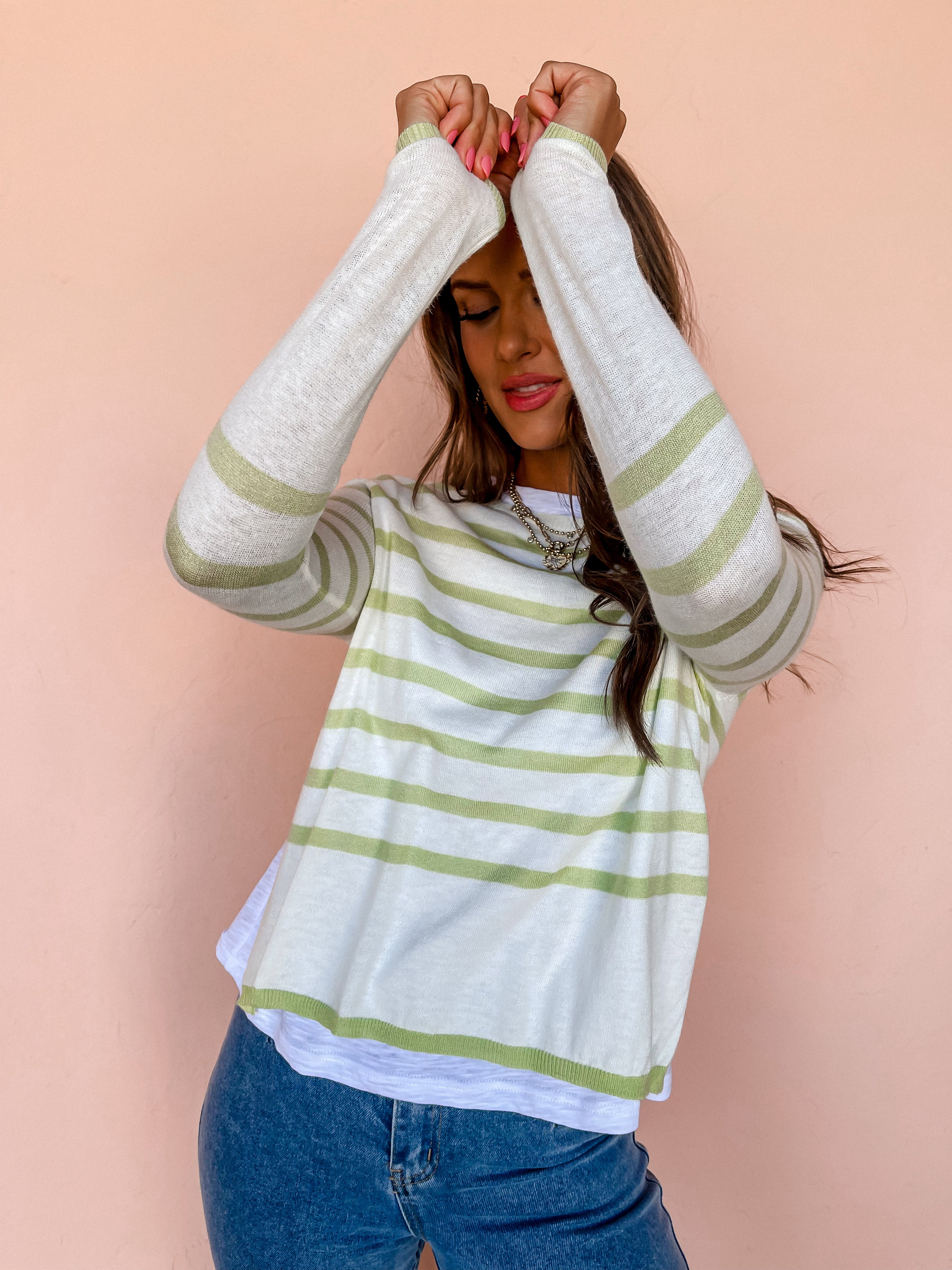 Matched Up Striped Illusion Sweater-Honeydew