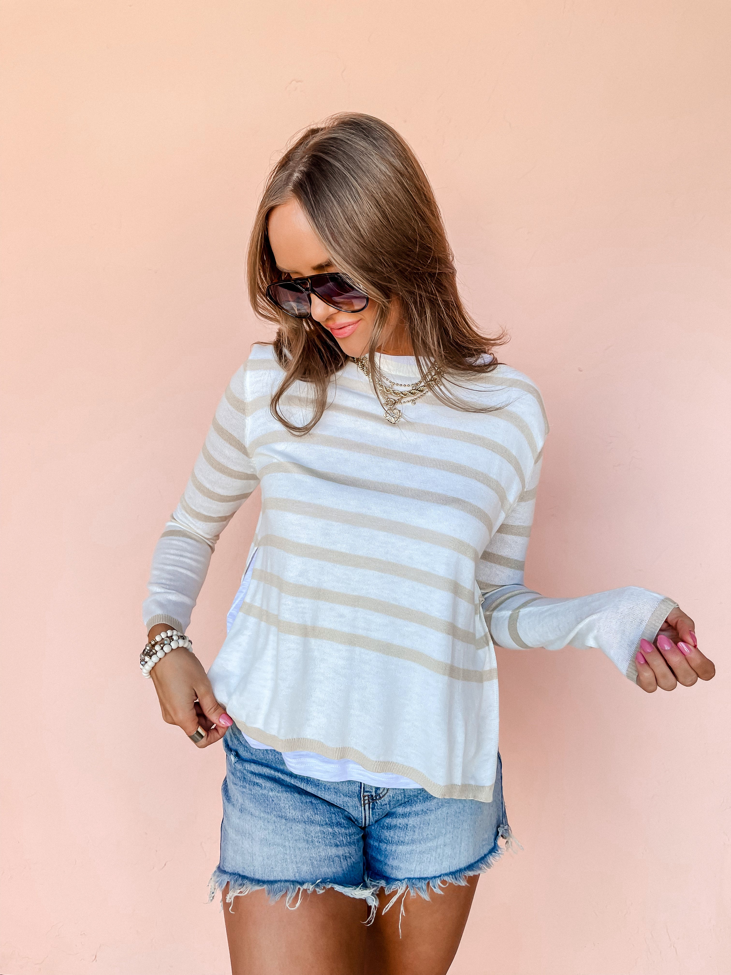 Matched Up Striped Illusion Sweater-Khaki