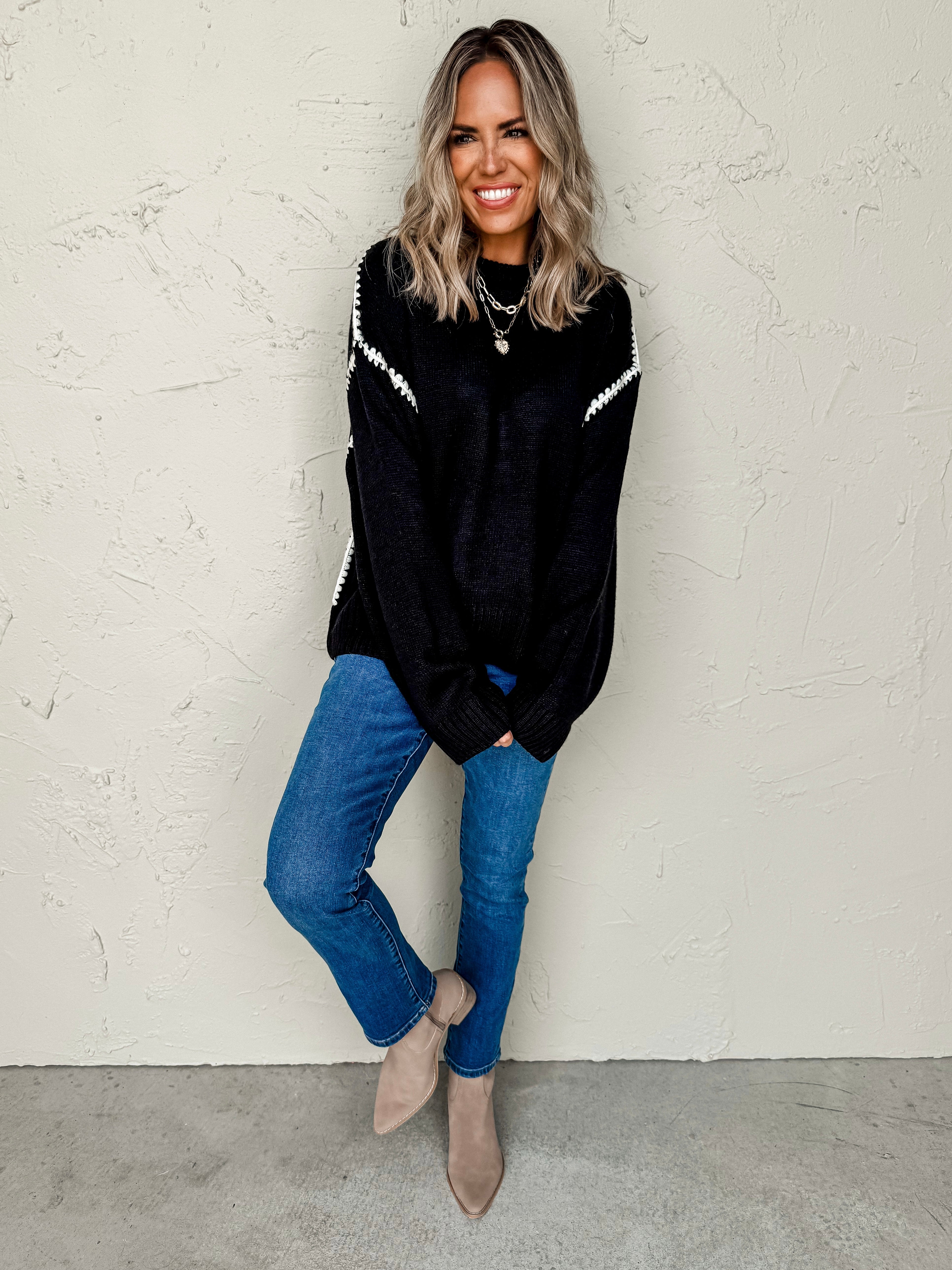 Meet In The Middle Contrast Stitch Sweater-Black