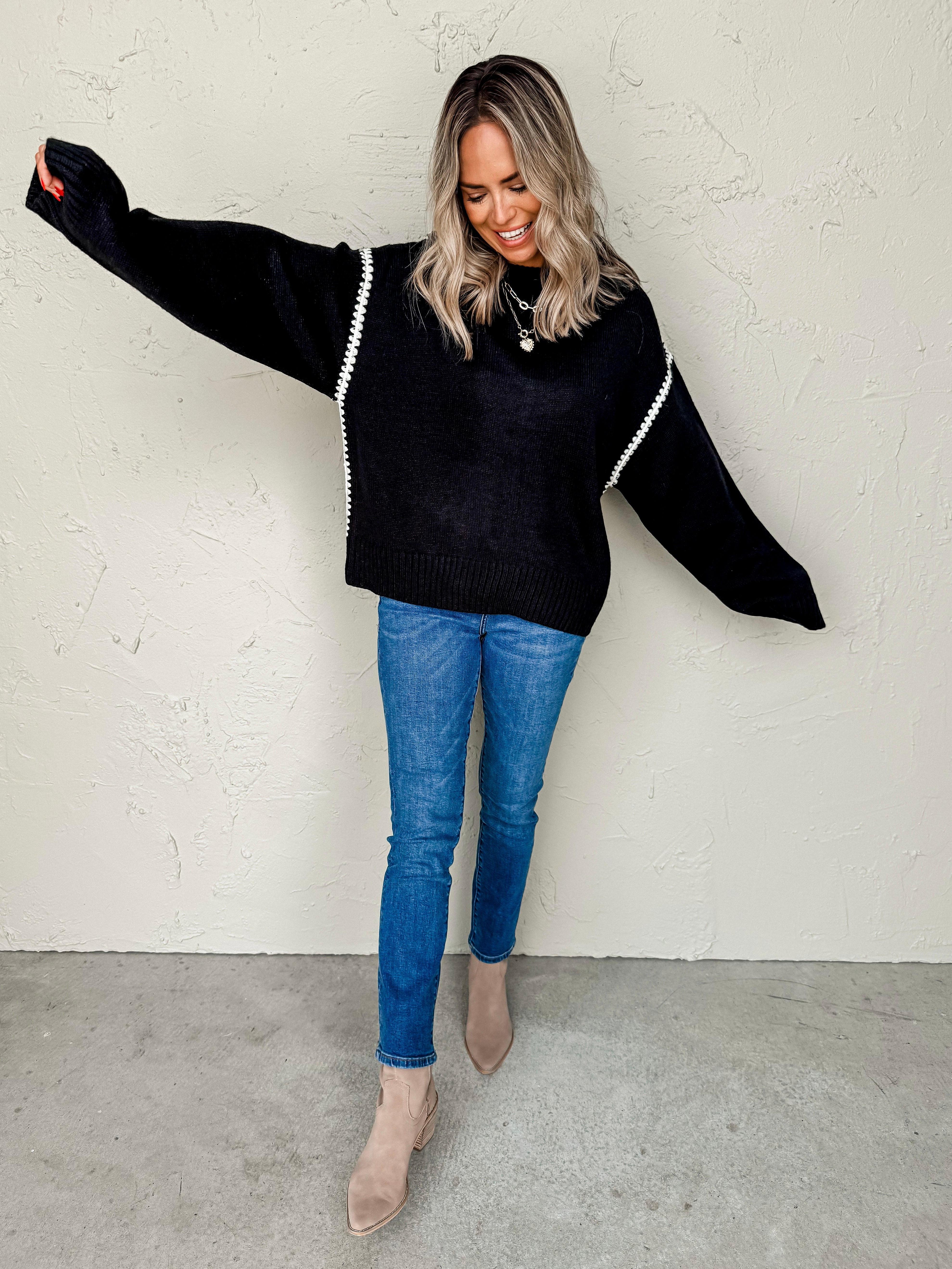 Meet In The Middle Contrast Stitch Sweater-Black